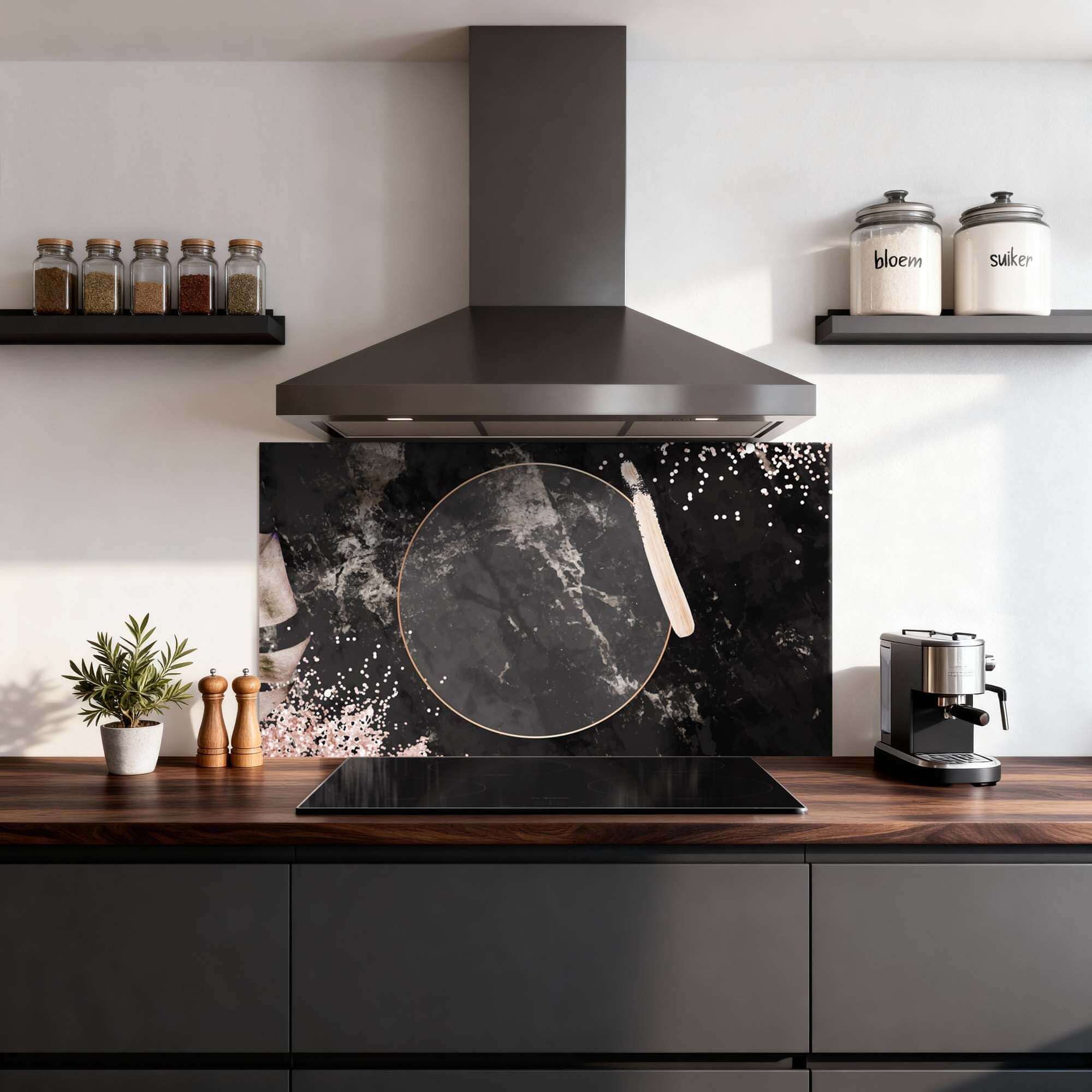 Midnight Rose Splashback mit Marmormuster und roségoldenen Akzenten in moderner Küche, perfekt als Spritzschutz oder Küchenrückwand.