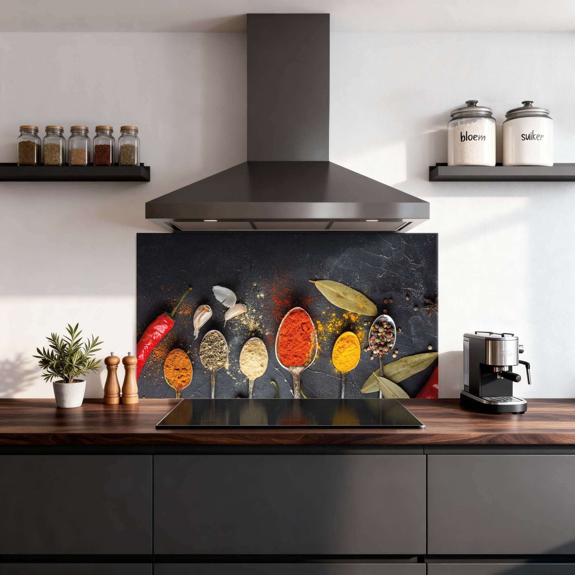 Spice Essence Spritzschutz in der modernen Küche, stilvoller Spritzschutz für Charakter und Schutz. Idealer Küchenspritzschutz mit warmen Farben.
