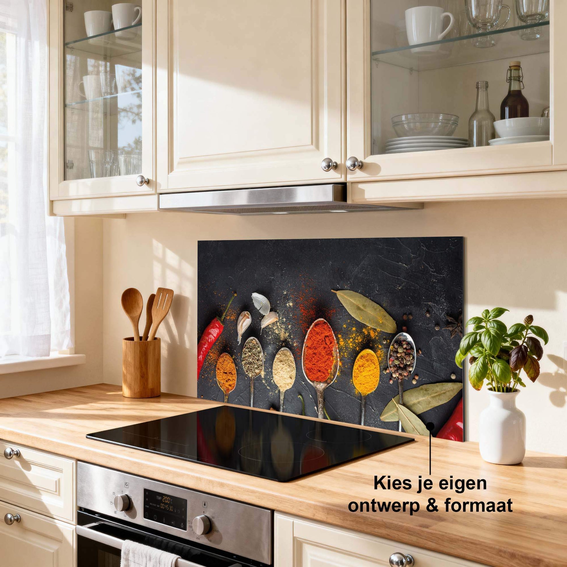 Spice Essence Splash Screen in der Küche als farbenfroher Spritzschutz; stilvoller und funktioneller Kitchen Splash Screen für Wärme und Charakter.
