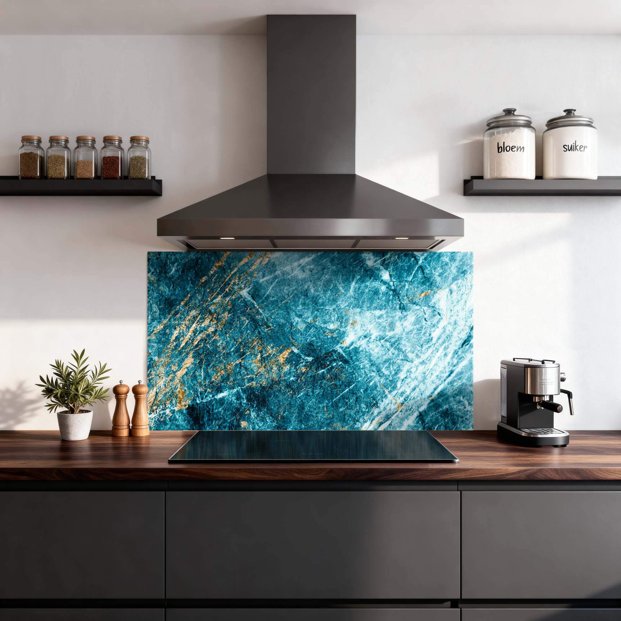 Deep Ocean Marble Spritzschutz mit blauen Marmorstrukturen und goldenen Akzenten, ein stilvoller Küchenspritzschutz für jede moderne Spritzschutzwand.