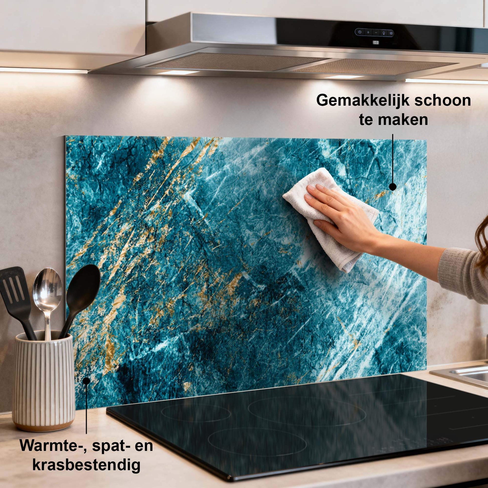 Deep Ocean Marble Splash Screen mit goldblauem Marmordesign, pflegeleichter Küchenspritzschutz, Spritzwanddekor und Schutz.