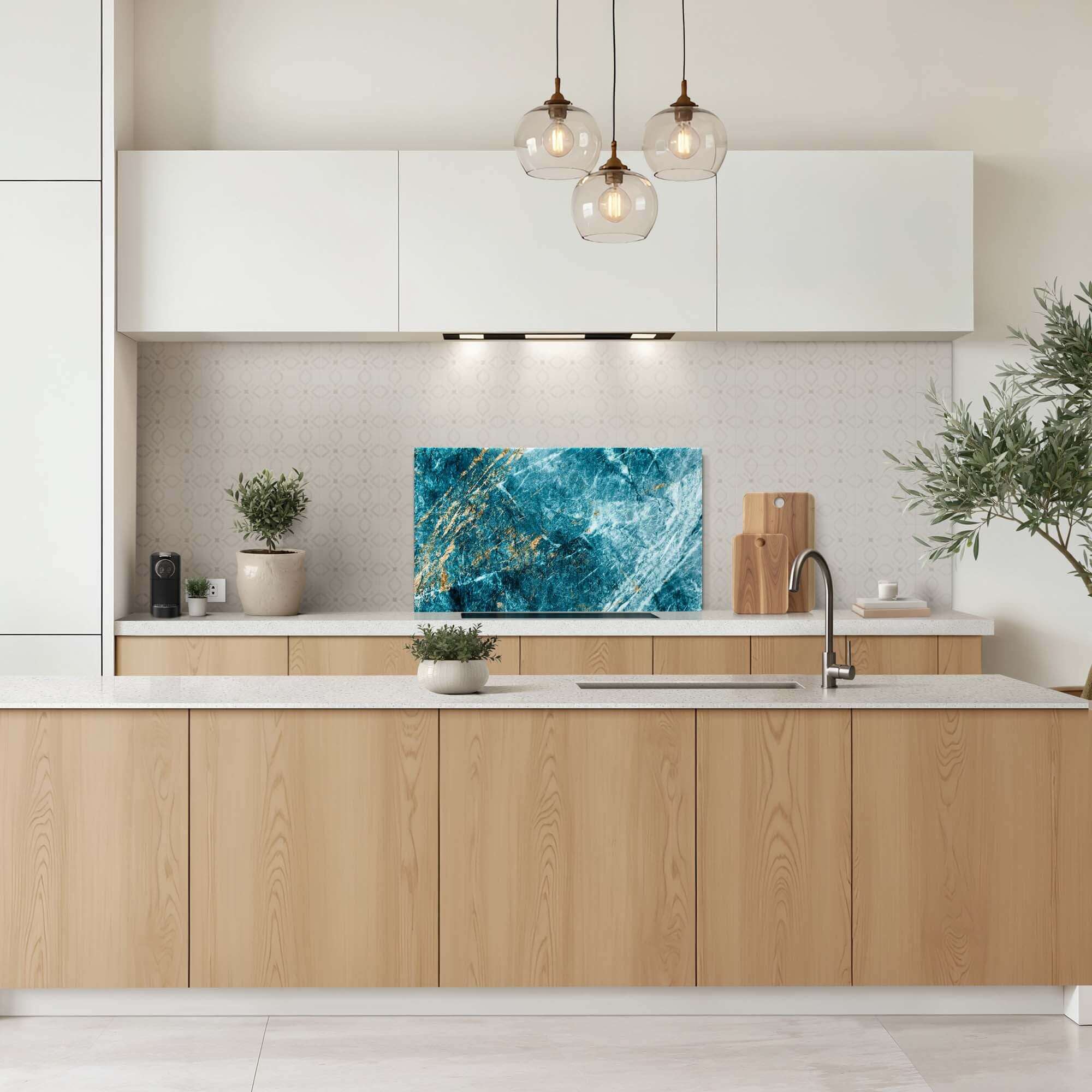 Luxusküche mit Deep Ocean Marmorrückwand, tiefblaue Rückwand mit goldenen Akzenten, elegante Küchenarmaturen.