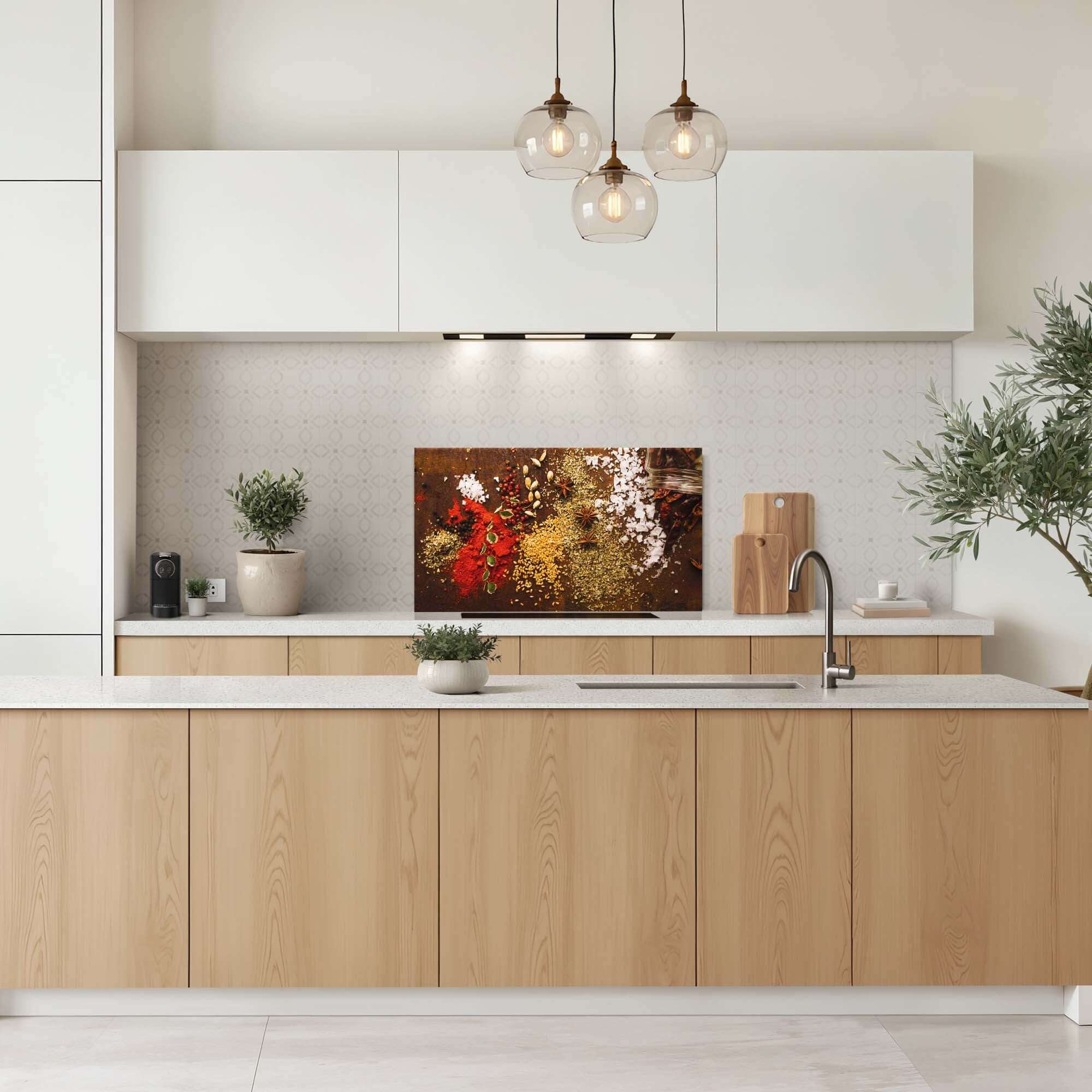 Moderne Küche mit Spice Symphony Spritzschutz, farbenfrohes Kitchen Splashback Design als dekorativer Spritzschutz hinter dem Herd.