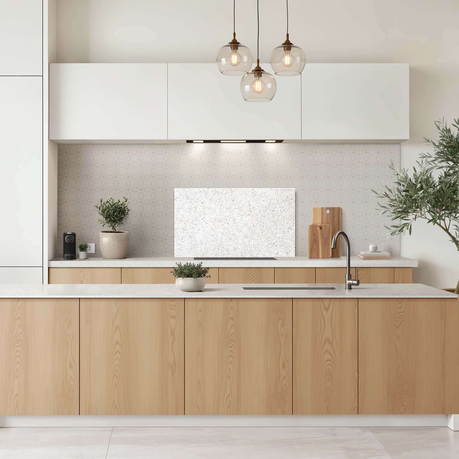 Terrazzo-Splashback in der modernen Küche, langlebiger Splashback, idealer Küchen-Splashback, leicht zu reinigen, elegantes Design.