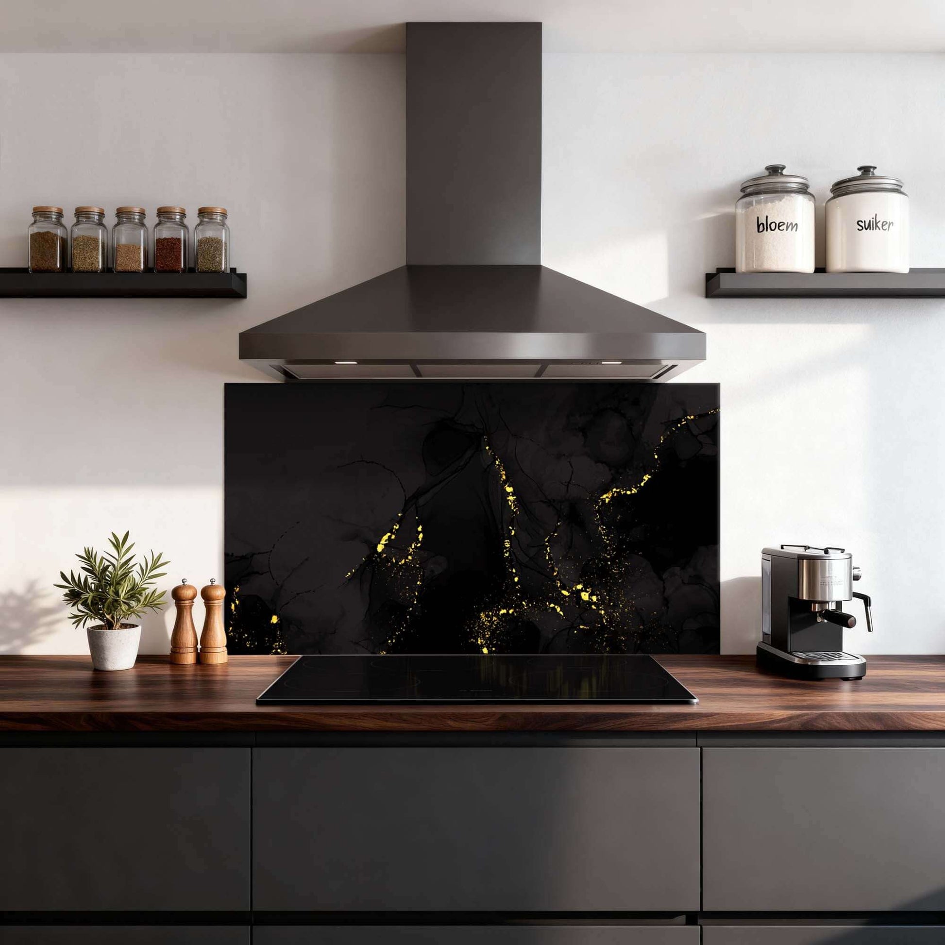Black Marble Gold Splashback in einer modernen Küche mit goldenen Akzenten, verwendet als Spritzschutz und Küchenspritzschutz.