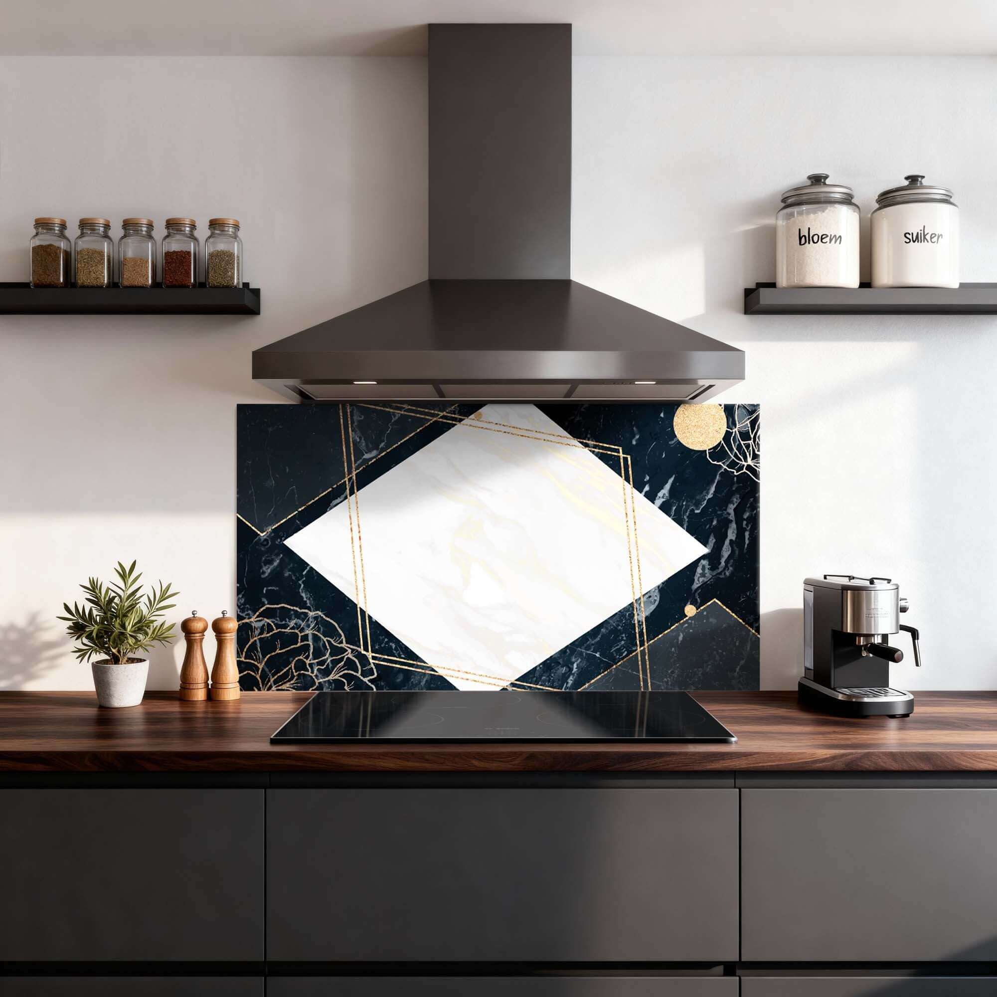Glamour Marmorspritzwand in moderner Küche mit schwarzem Marmor und goldenen Akzenten, ideal als Spritzwand oder Küchenspritzwand.
