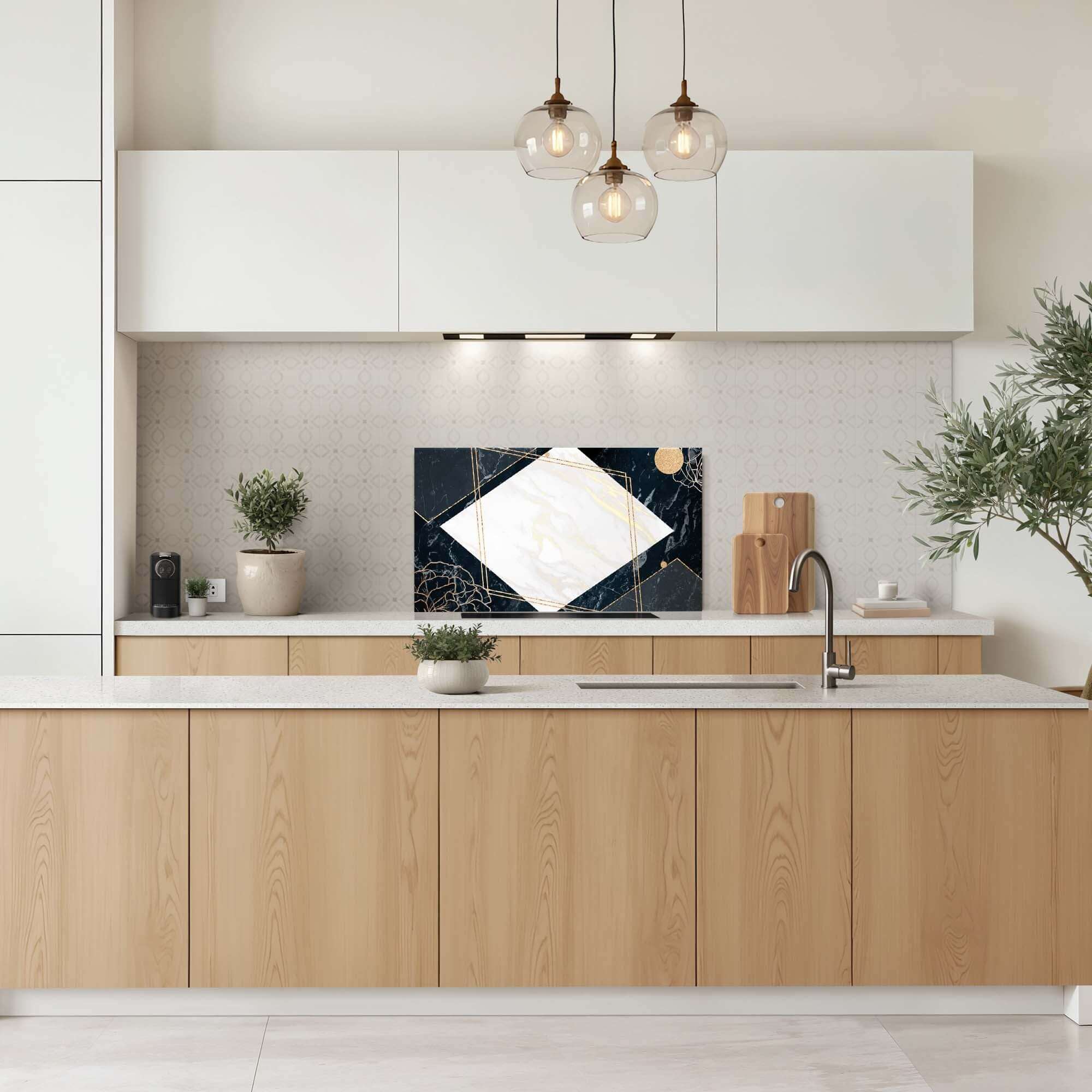Glamour Marble Splashback in einer modernen Küche mit schwarzem Marmor und goldenen Akzenten. Eine stilvolle Spritzwand, die Luxus ausstrahlt.