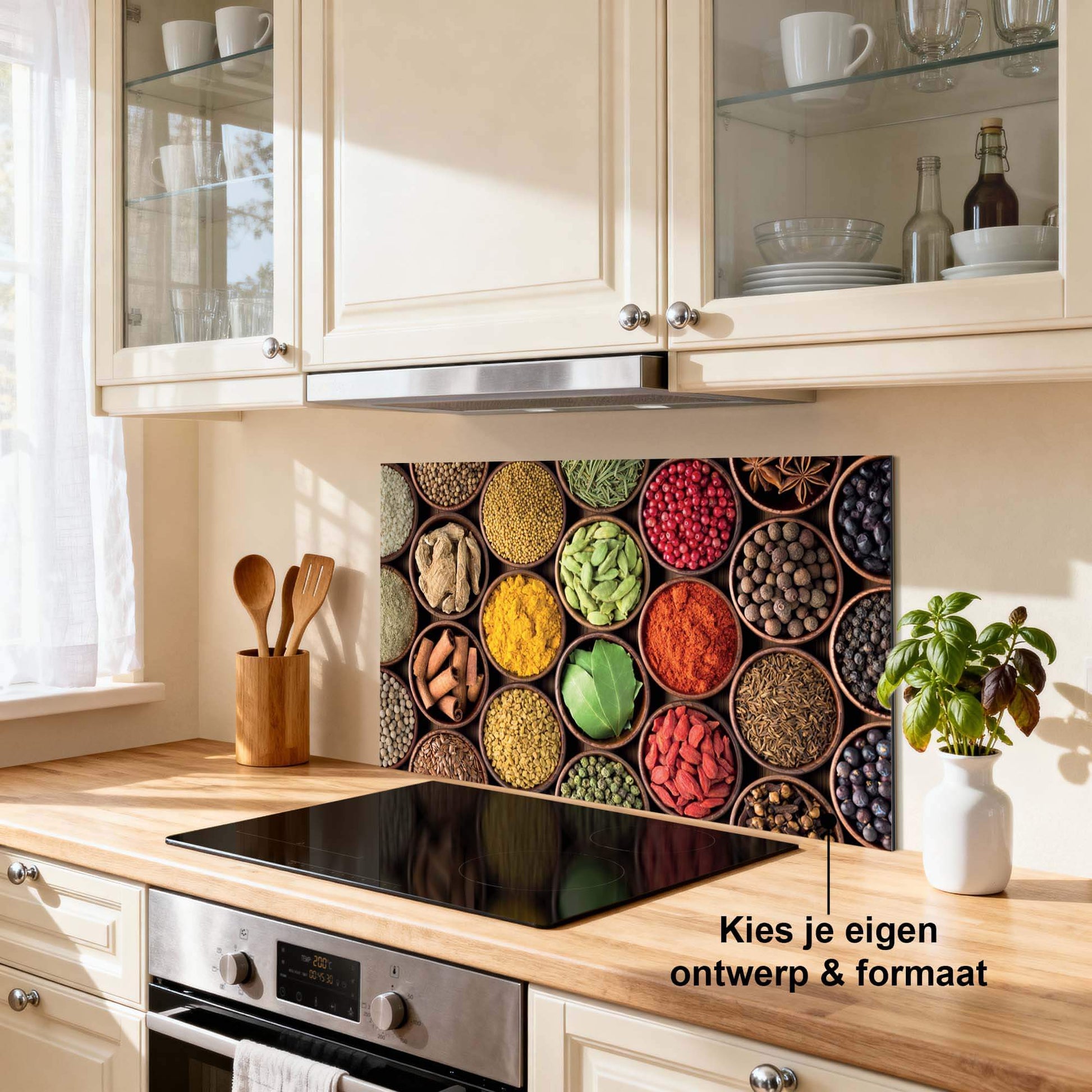 Spice Harmony Splash Wand mit bunten Gewürzdosen in einer modernen Küche. Verschönern Sie Ihre Küche mit diesem einzigartigen Splash-Wanddesign.