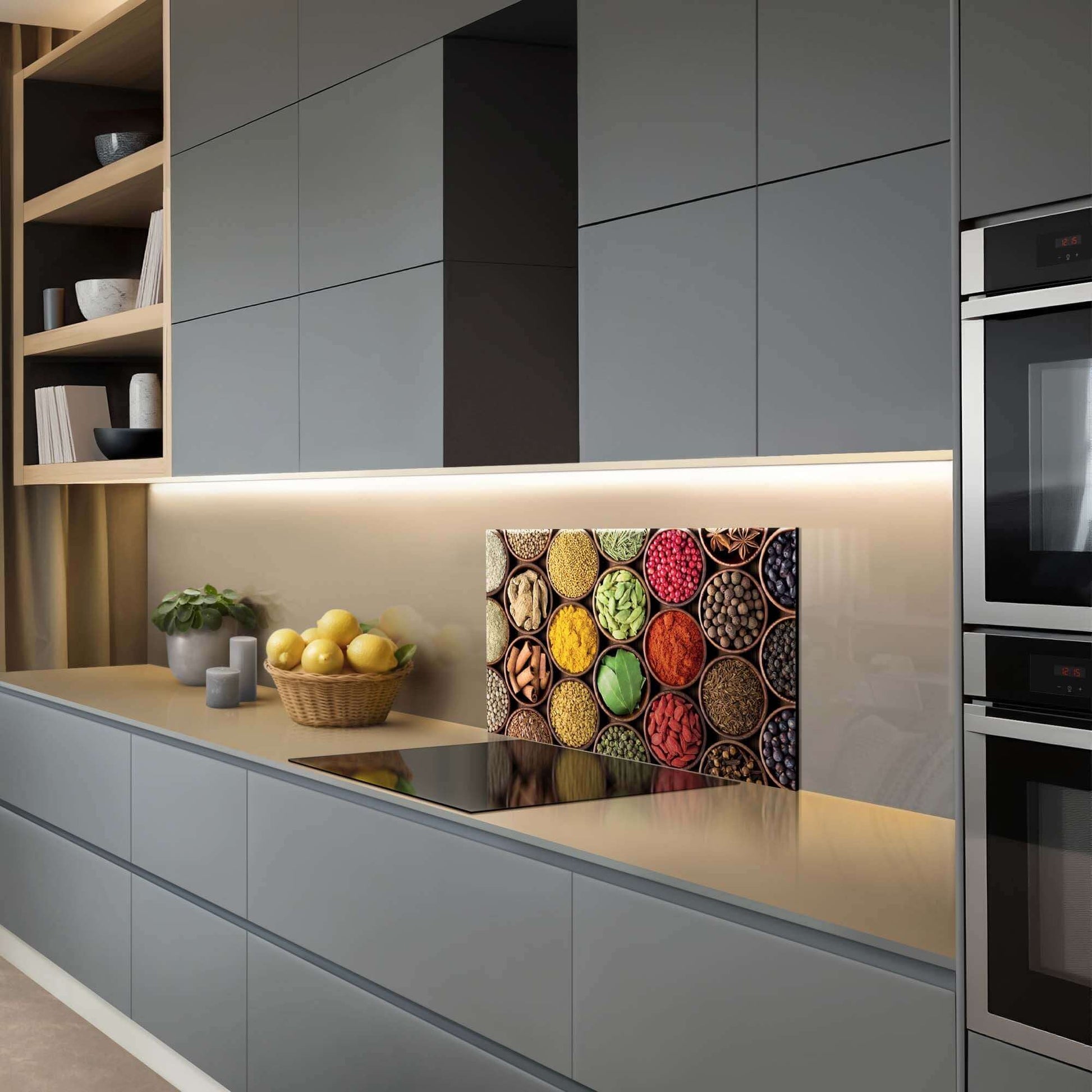 Spice Harmony Splashback in einer modernen Küche mit bunten Gewürzdosen, ideal für einen warmen kulinarischen Look als Spritzschutz.