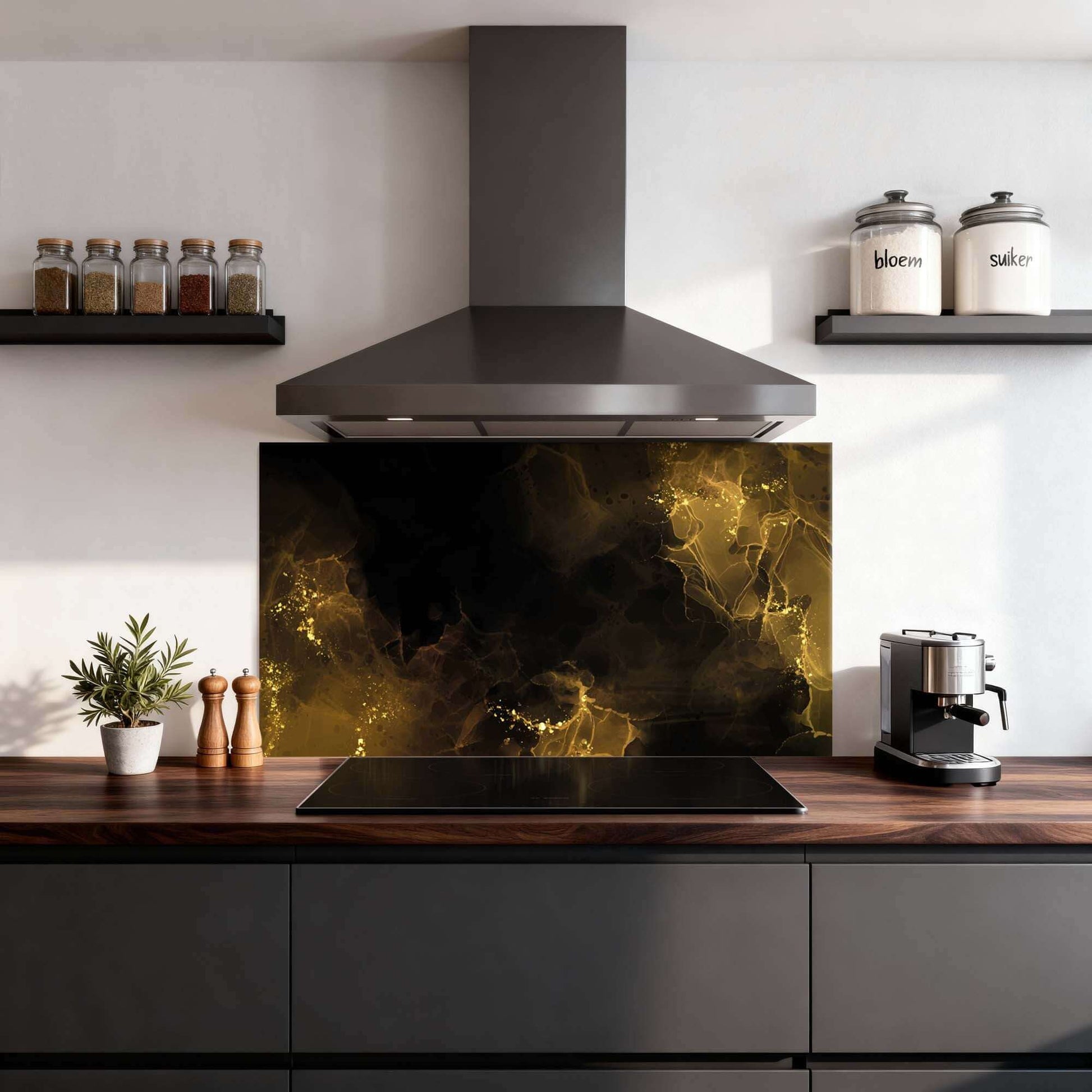 Golden Smoke Splash Screen mit goldenen und schwarzen Akzenten für eine luxuriöse Küche, ideal als Splash Wall oder Kitchen Splash Screen.