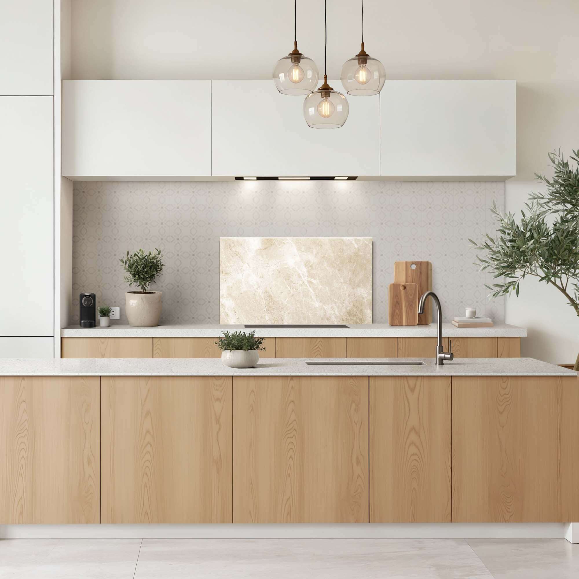 Beige Marble Splashback, eleganter Küchensplashback in Marmoroptik, ideal als Spritzschutz für eine stilvolle und funktionelle Küchengestaltung.