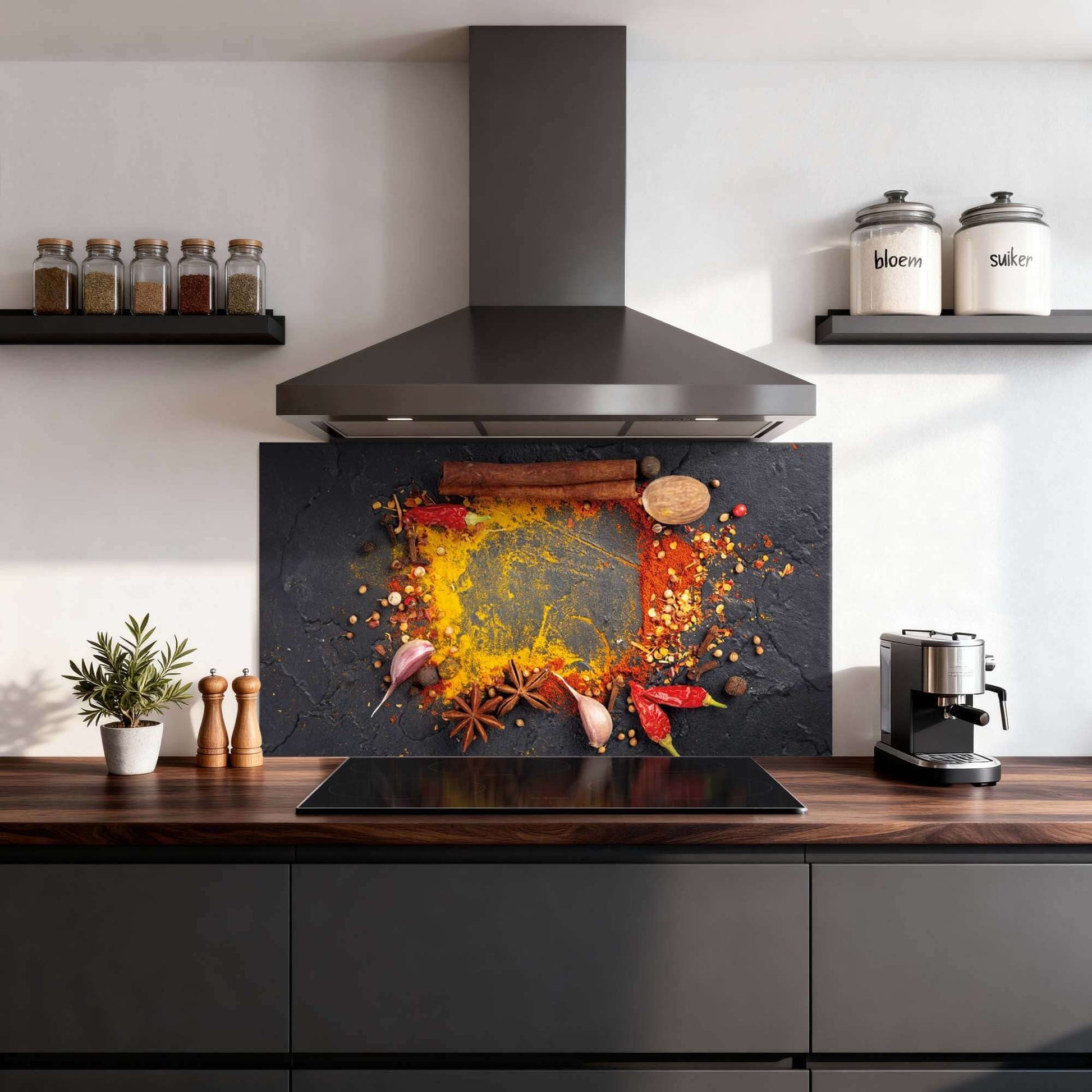 Eastern Spice Mix Spritzwand in moderner Küche mit bunten Gewürzen, ideal als Küchenspritzwand und Spritzwand.