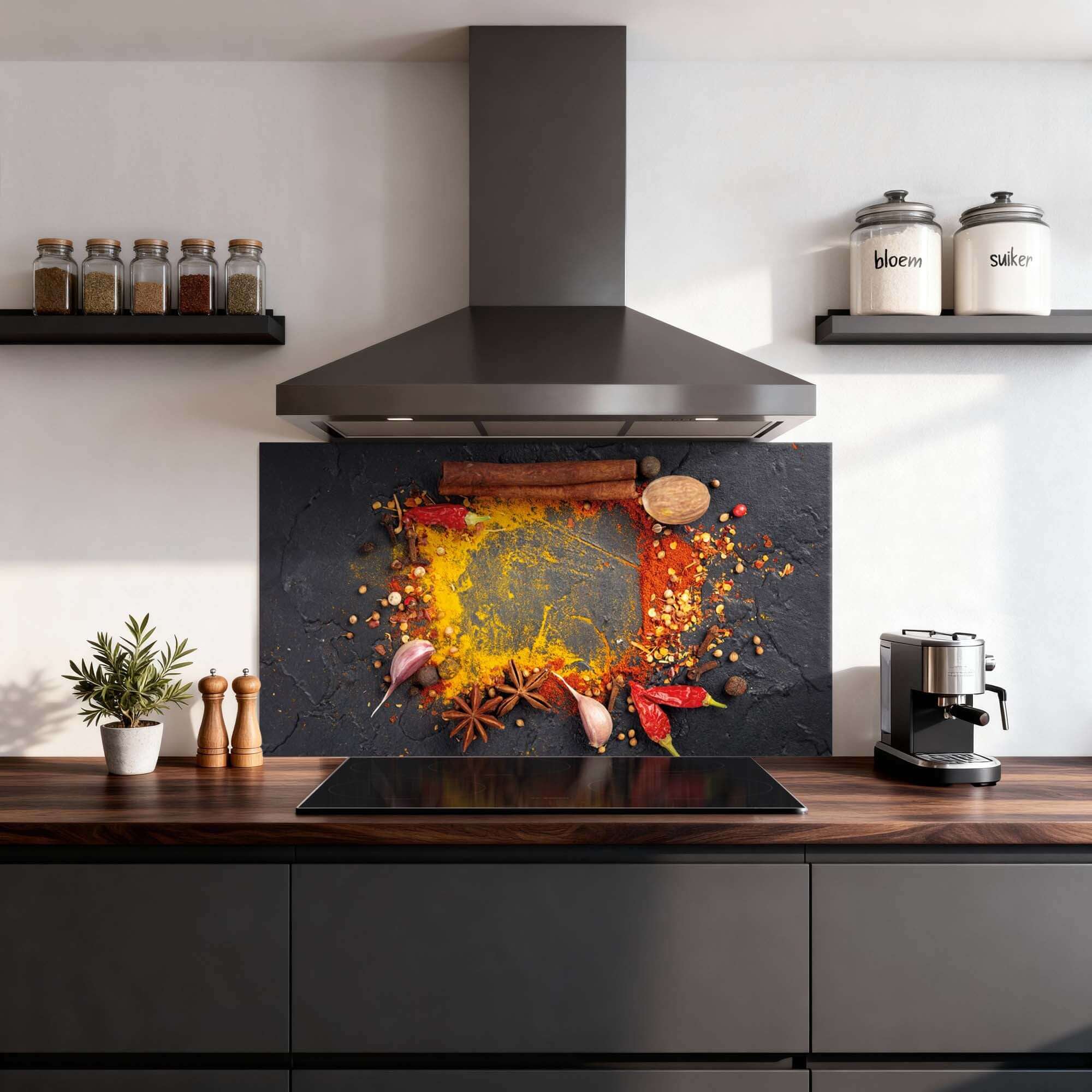 Eastern Spice Mix Spritzwand in moderner Küche mit bunten Gewürzen, ideal als Küchenspritzwand und Spritzwand.