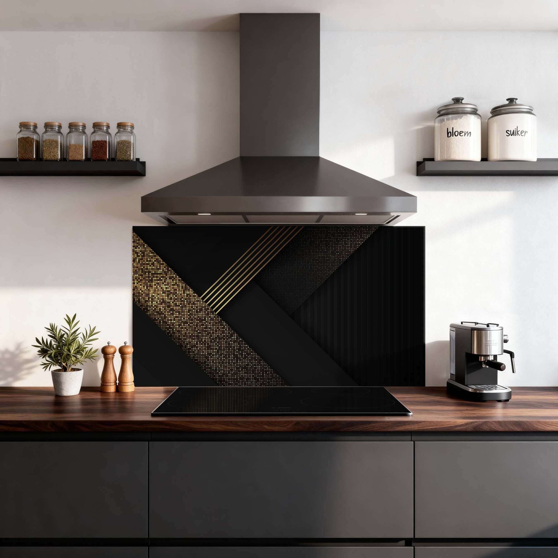 Golden Geometry Mud Screen in moderner Küche, geometrisches Design in Schwarz und Gold, Mud Screen, Kitchen Mud Screen, Mud Wall.