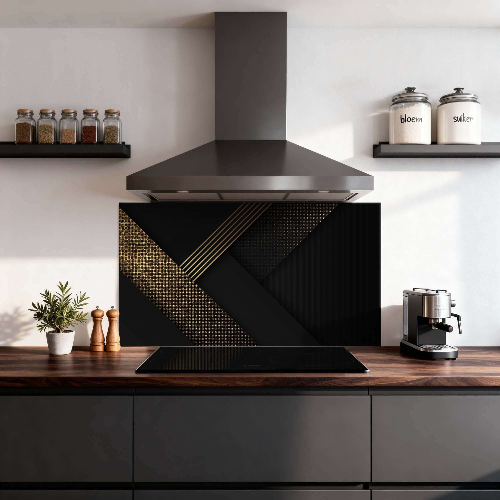 Golden Geometry Mud Screen in moderner Küche, geometrisches Design in Schwarz und Gold, Mud Screen, Kitchen Mud Screen, Mud Wall.