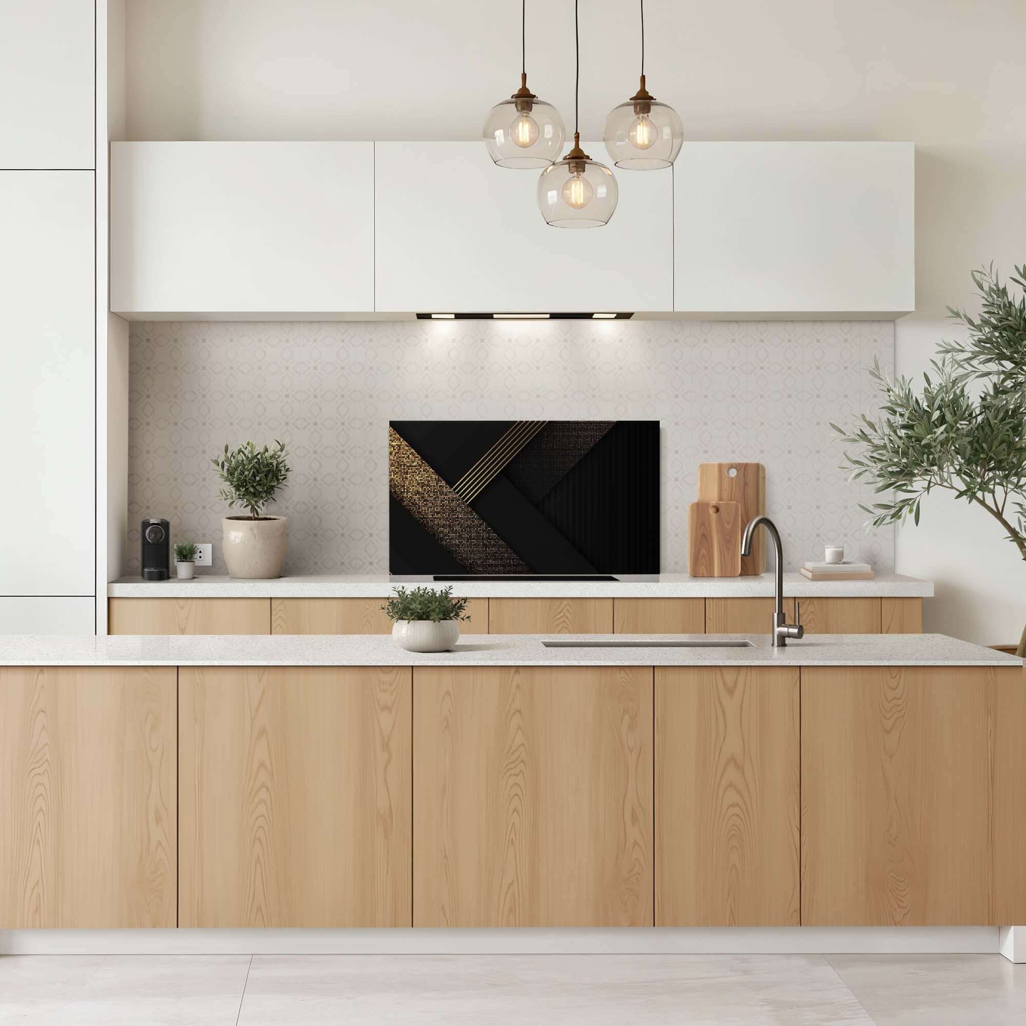 Küche mit Golden Geometry Splashback in Schwarz und Gold, modernes Splashback-Design für einen luxuriösen Look.