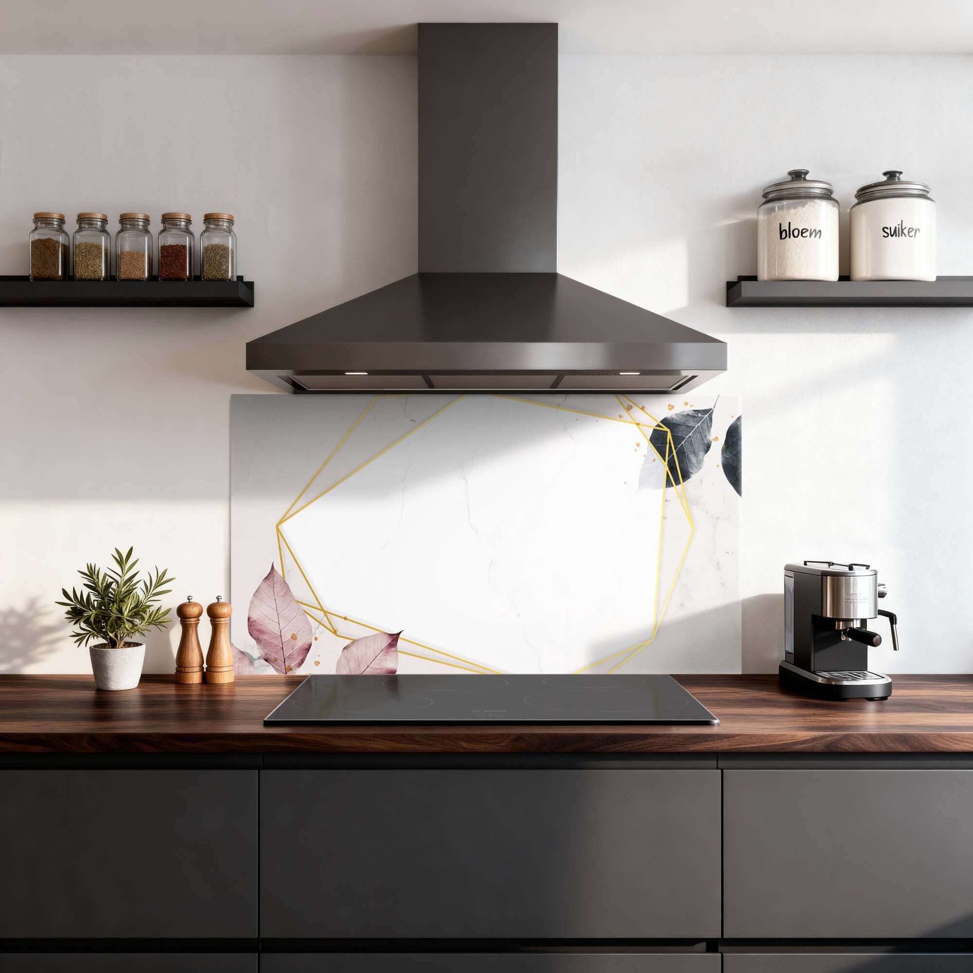 Geometrisch eleganter Spritzschutz für die Küche mit Marmor, Gold und sanften Tönen, stilvolles Design für Spritzwände und Küchenspritzschutz