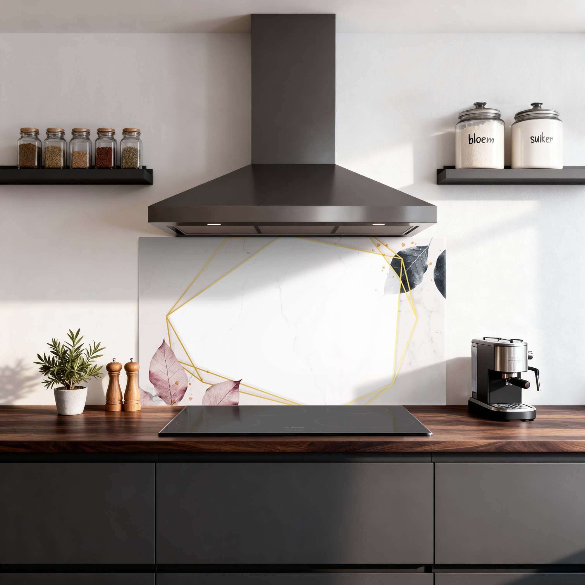 Geometrisch eleganter Spritzschutz für die Küche mit Marmor, Gold und sanften Tönen, stilvolles Design für Spritzwände und Küchenspritzschutz