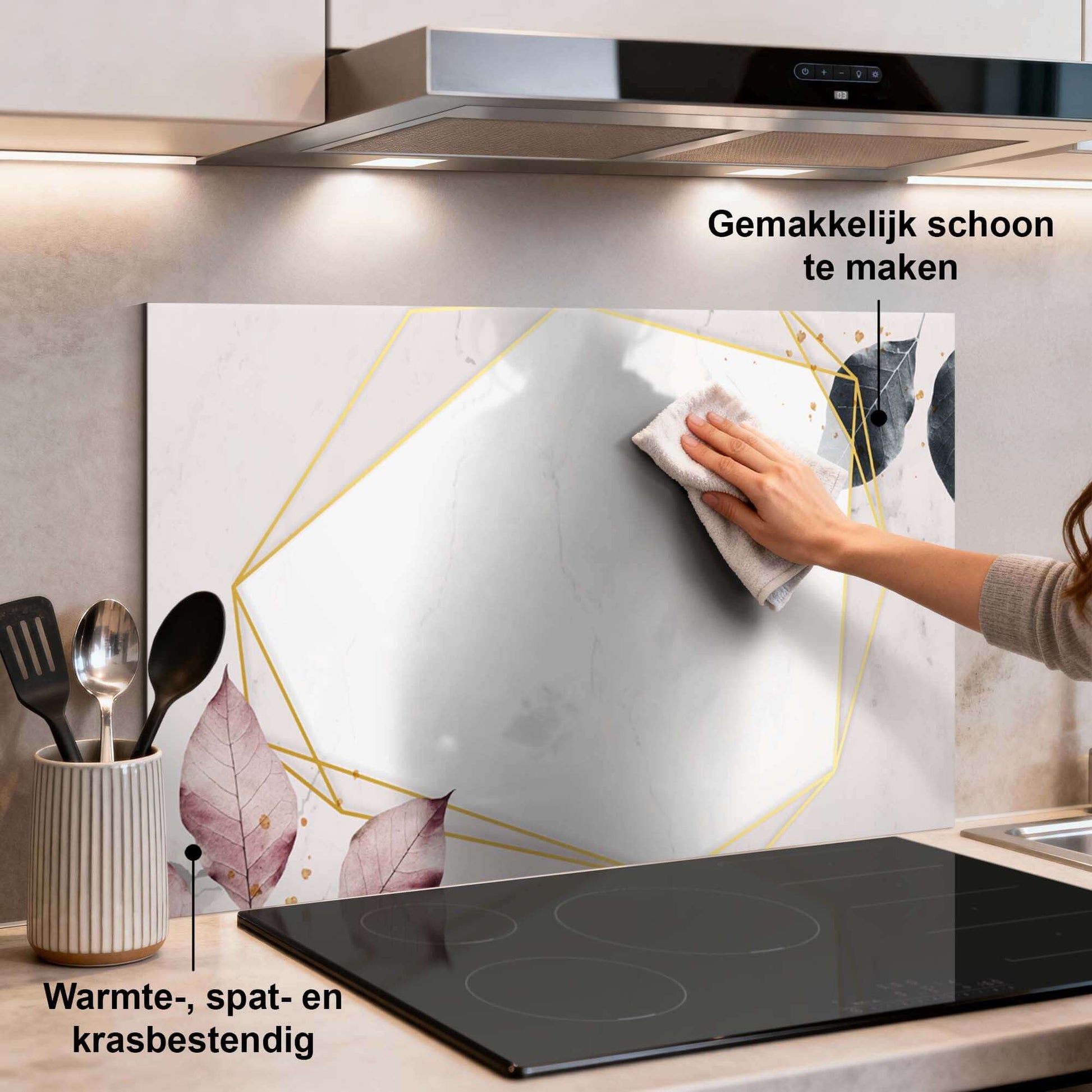 Geometric Elegance Splashback mit Marmor- und Golddesign, Küchensplashback für einen modernen Look, Splashback hitzebeständig.