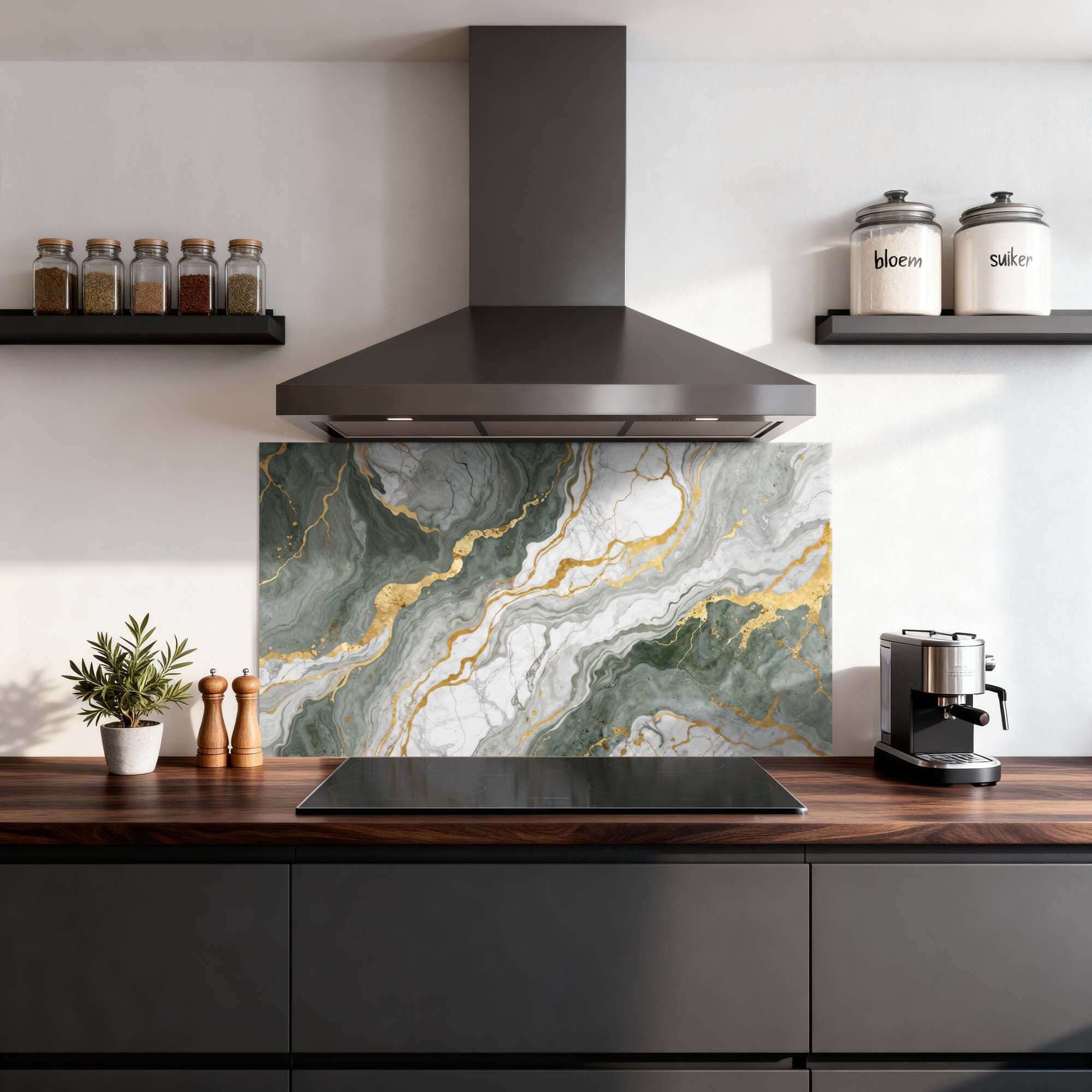 Luxuriöser grüner Marmorsplashback in einer modernen Küche, die perfekte Lösung für den Splashback mit eleganten grünen Marmormustern und goldenen Adern.