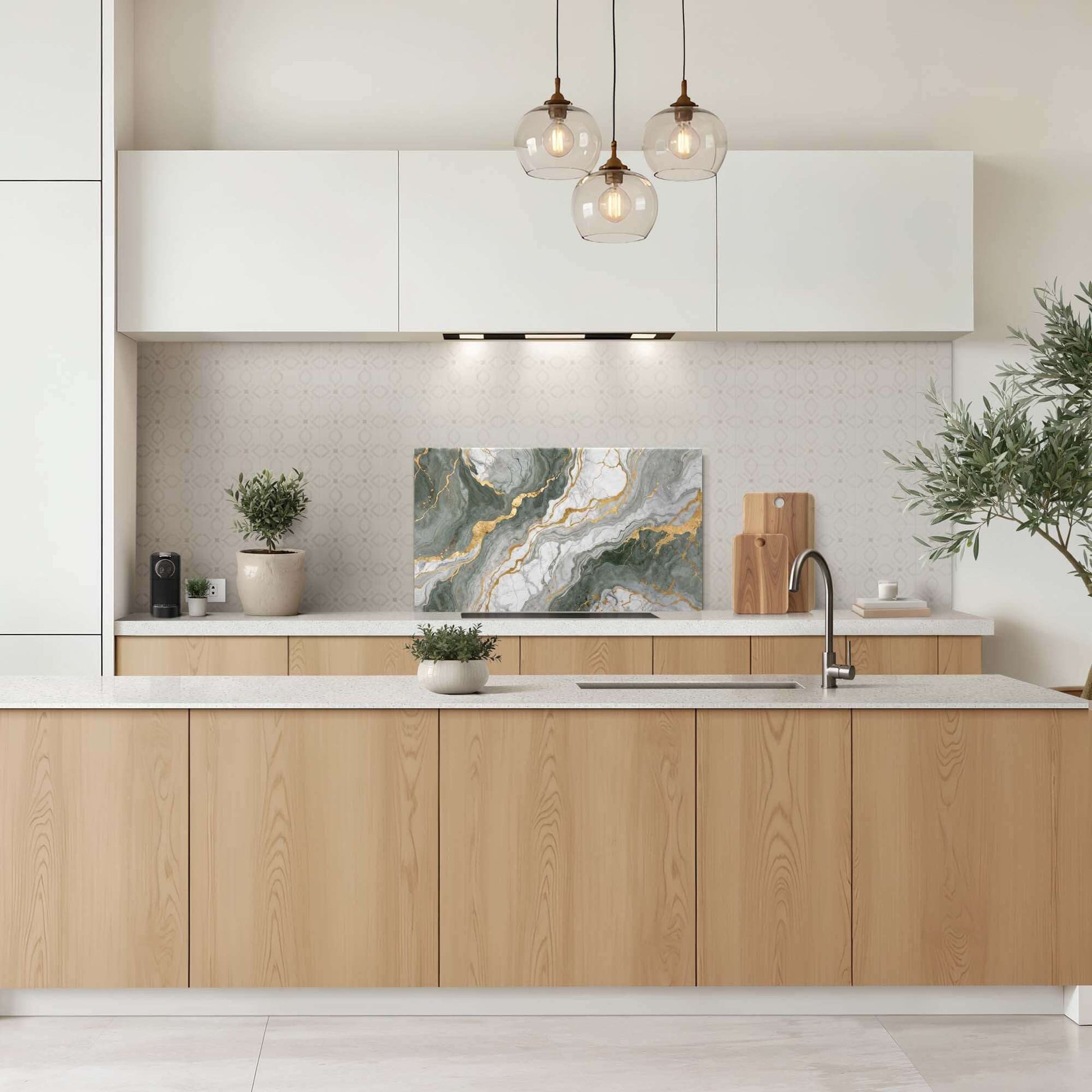 Luxuriöser marmorgrüner Spritzschutz in der modernen Küche, elegantes Marmor-Design mit grünen und goldenen Adern. Spritzschutz und Spritzwanddekor.