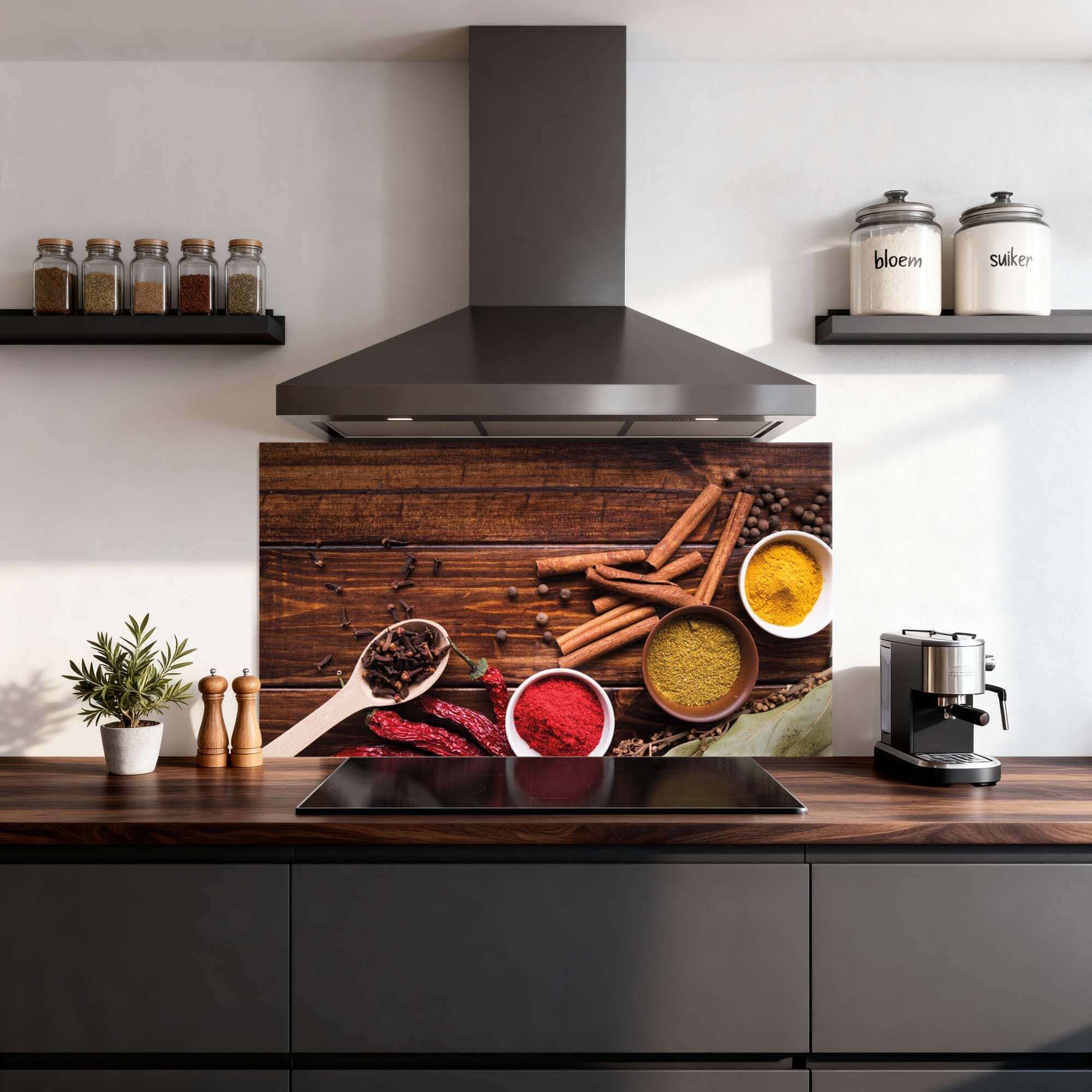 Warm Spice Harmony Spritzschutz in der modernen Küche, mit Holztönen und reichen Gewürzen. Idealer Spritzschutz für jede Spritzwand.
