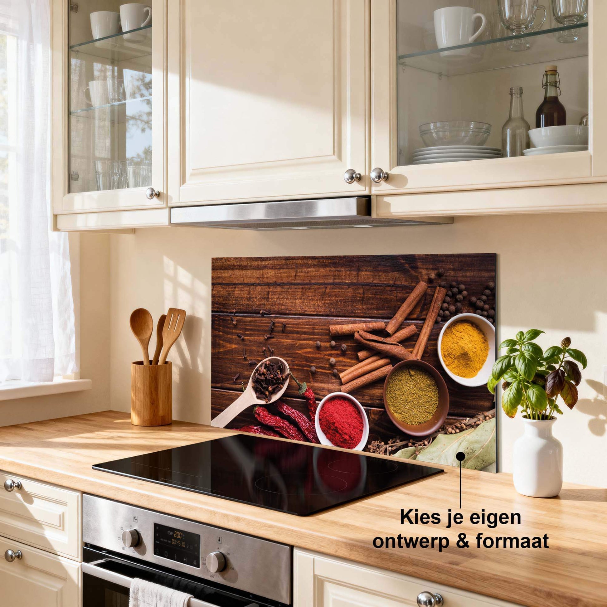 Warm Spice Harmony Kitchen Splashback, attraktives Design mit Gewürzen und Holztönen. Perfekt als Küchenrückwand und Spritzschutz.