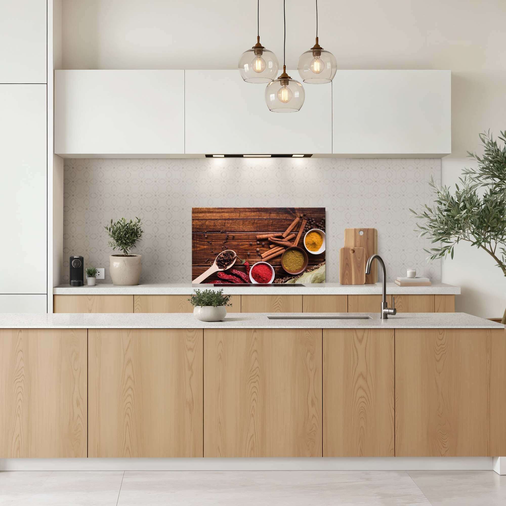 Moderne Küche mit Warm Spice Harmony Splashback, rustikale Holztöne und Gewürze, ideal als Spritzschutz in stilvollen Küchen.