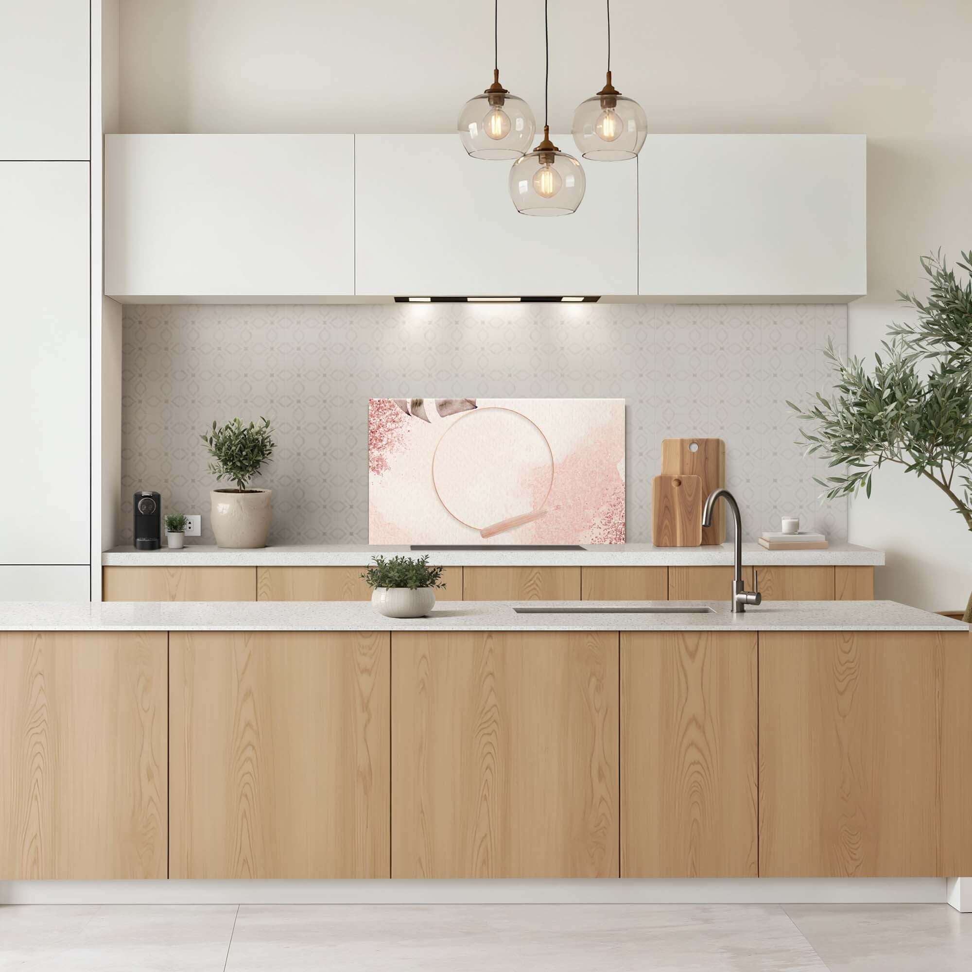 Soft Harmony Spritzschutz in der modernen Küche, zarte Rosatöne und elegantes Design. Die perfekte Rückwand für eine ruhige und stilvolle Küche.