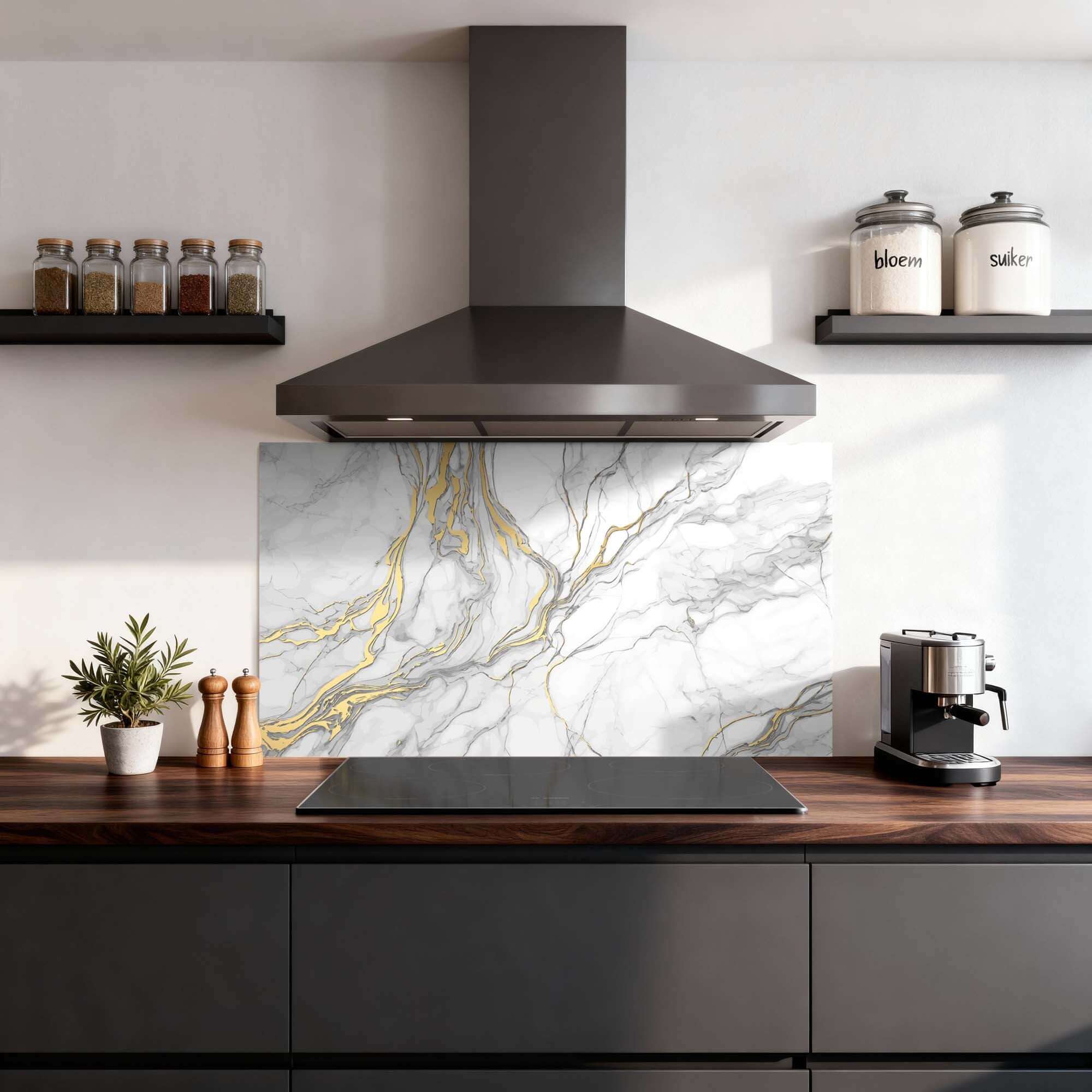 Elegante Rückwand aus Goldmarmor in moderner Küche mit goldenen Akzenten, perfekt als stilvolle Küchenrückwand oder Spritzschutz.