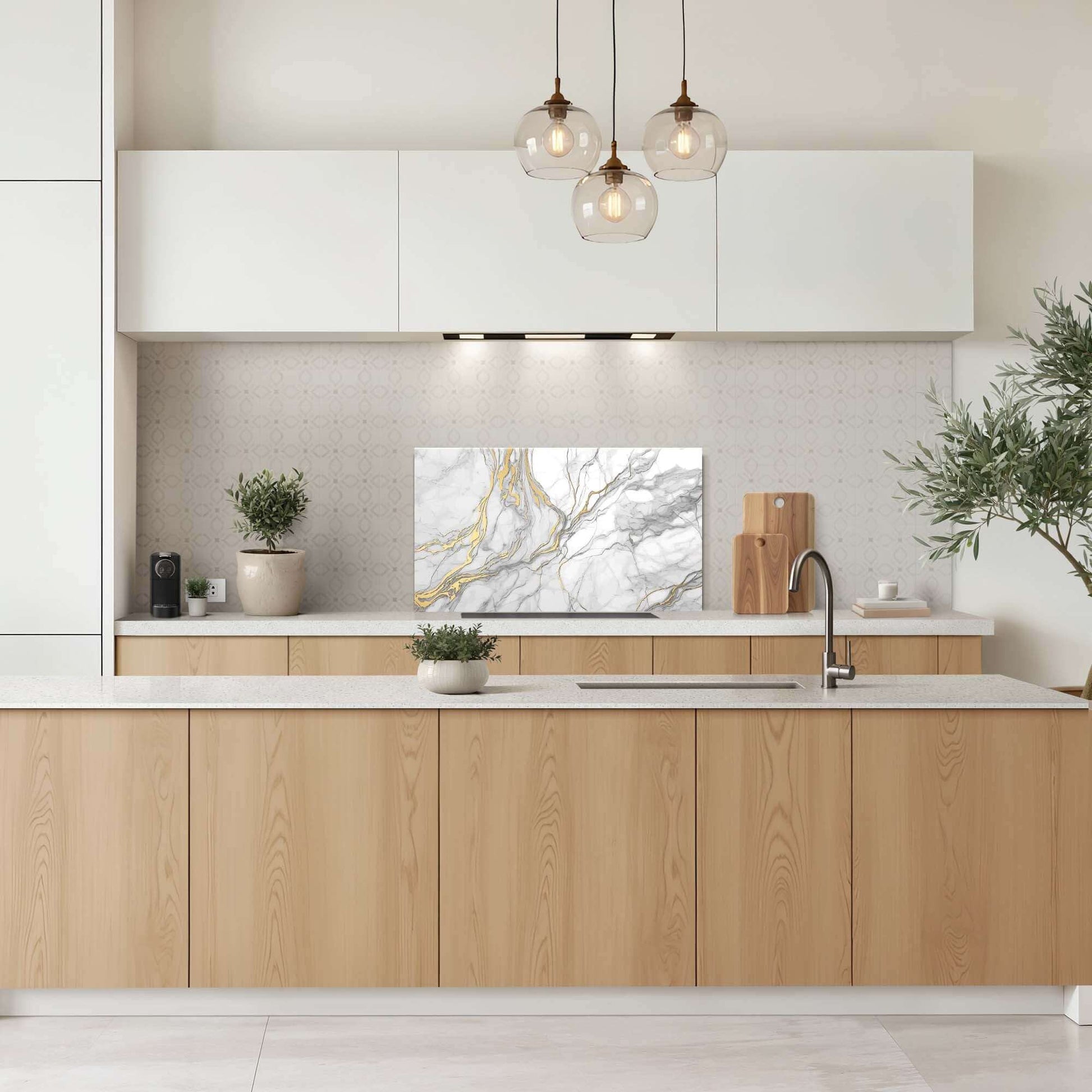 Moderne Küche mit elegantem Goldmarmor-Splashback, einem luxuriösen Splashback mit goldenen Akzenten, der sich perfekt als Küchensplashback eignet.