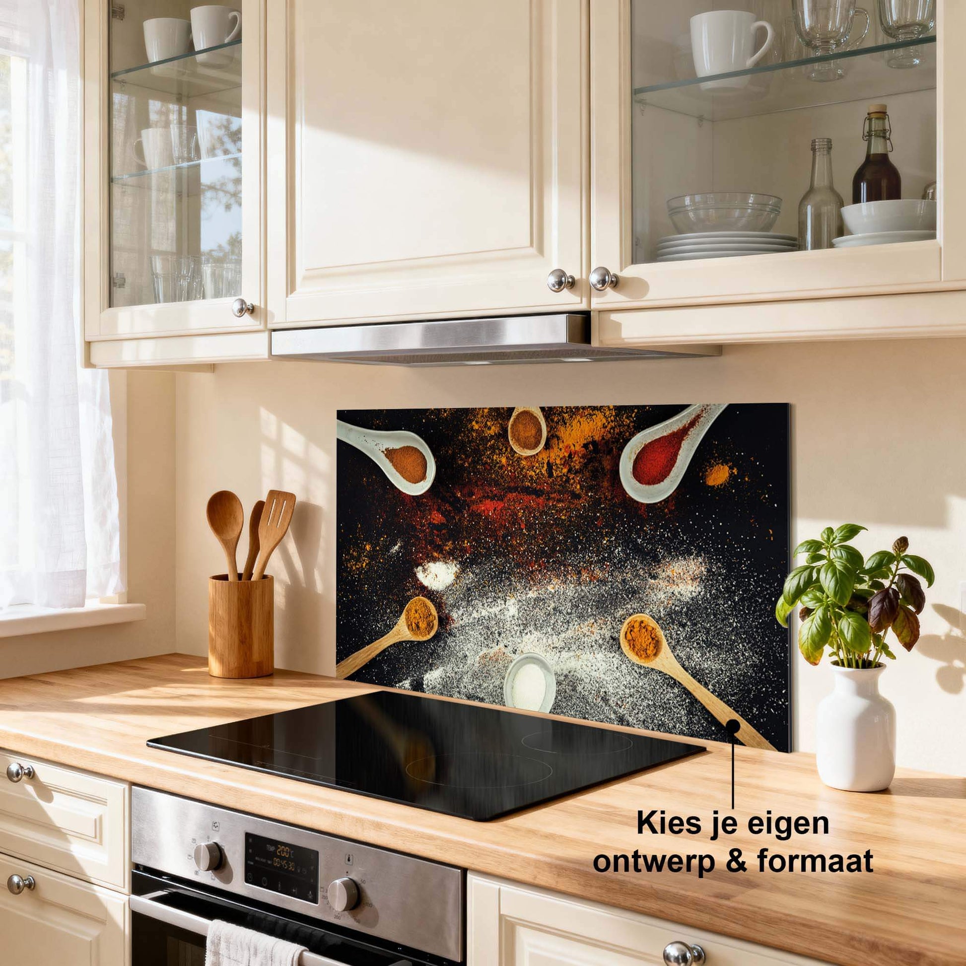 Spice Fusion Spritzschutz mit farbenfrohem Gewürzdesign, perfekt als Küchenspritzschutz und Spritzwand für atmosphärischen Schutz.