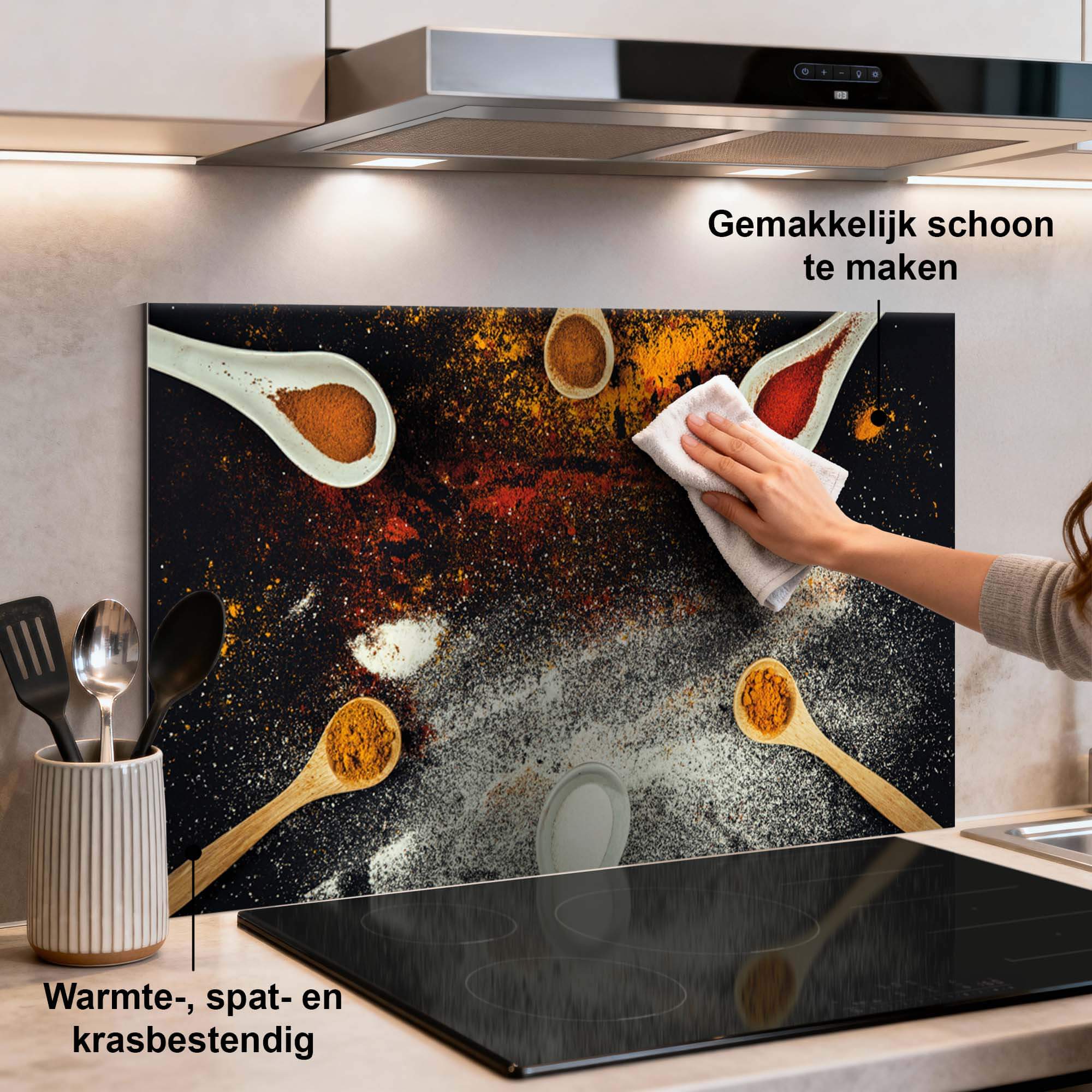 Spice Fusion Spritzschutz mit farbenfrohem Gewürzdesign in der Küche, schützend und attraktiv als Küchenspritzschutz und Spritzwand.