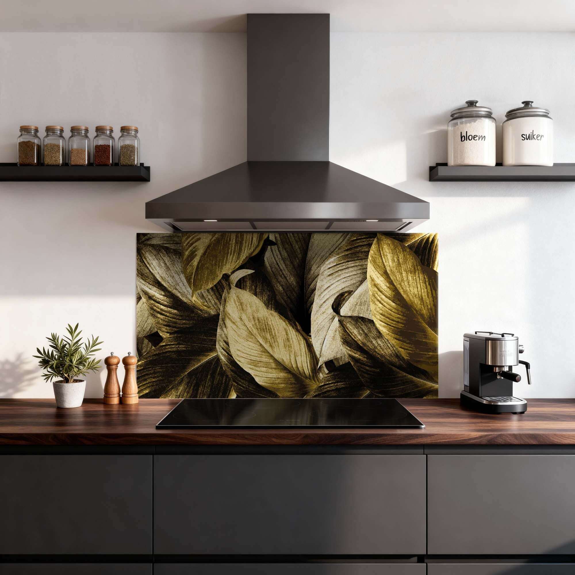Golden Leaves Splashback in der modernen Küche mit Blattmotiv, Splashback stilvoll und luxuriös. Küchenspritzschutz für einen eleganten Look.