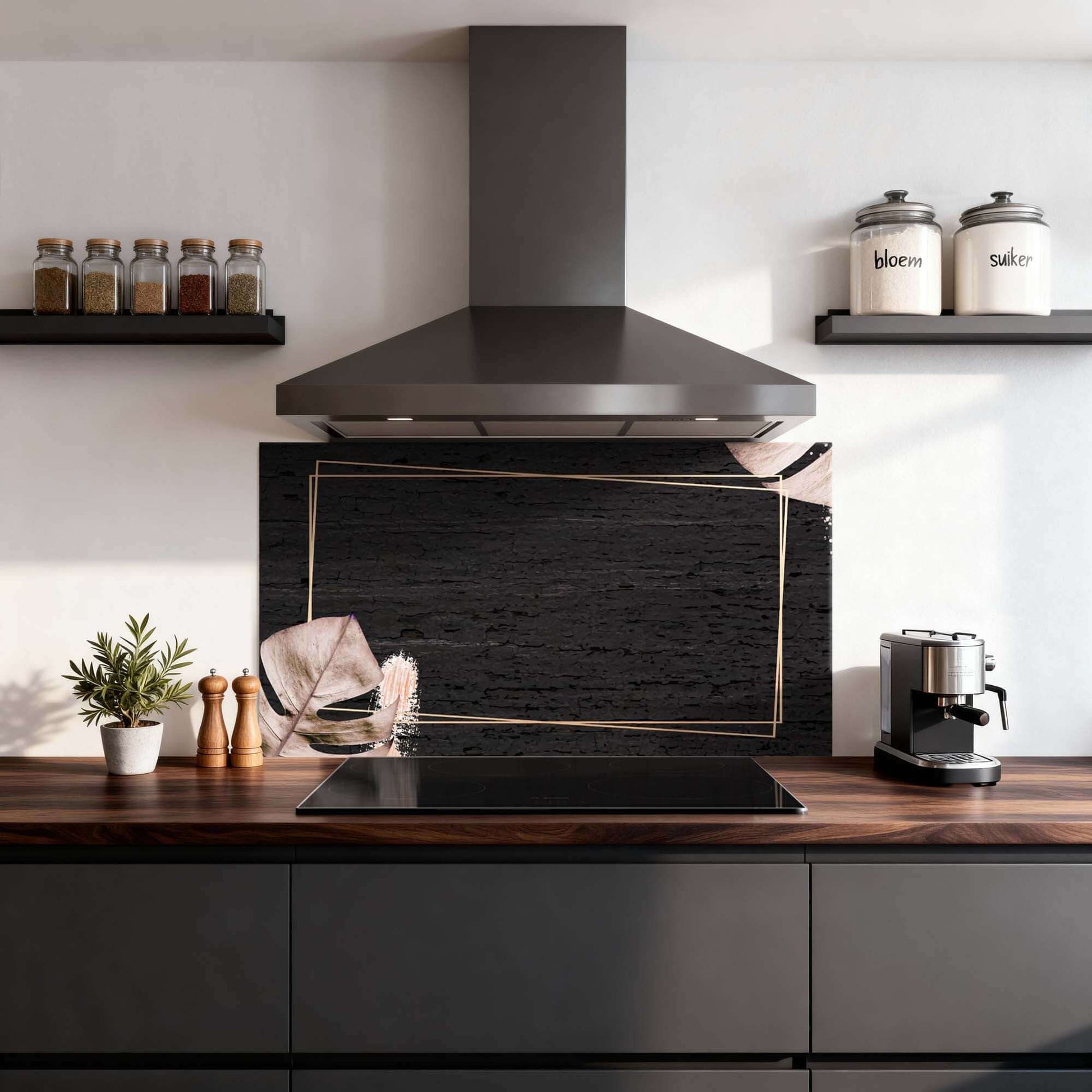 Midnight Leaves Splashback in der modernen Küche, schicke schwarze Spritzwand mit goldenen Linien und Blattakzenten, ideales Design für die Spritzwand in der Küche.