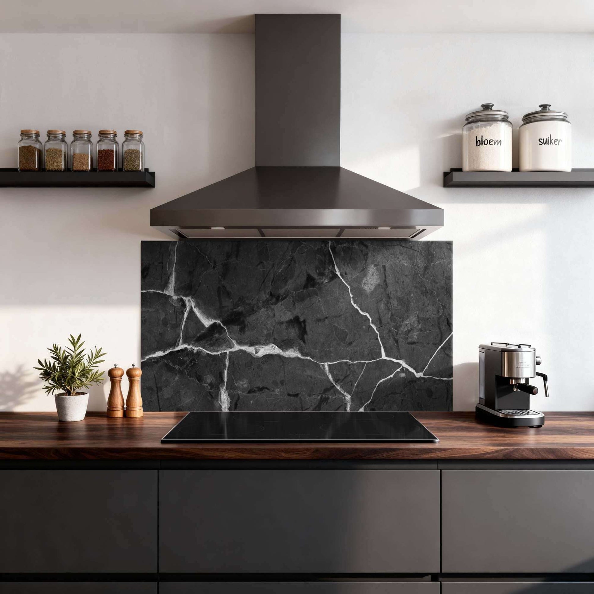 Luxuriöser schwarzer Marmorsplashback in der Kücheneinrichtung mit modernem Splashback und elegantem Look, Kitchen Splashback mit weißen Adern.