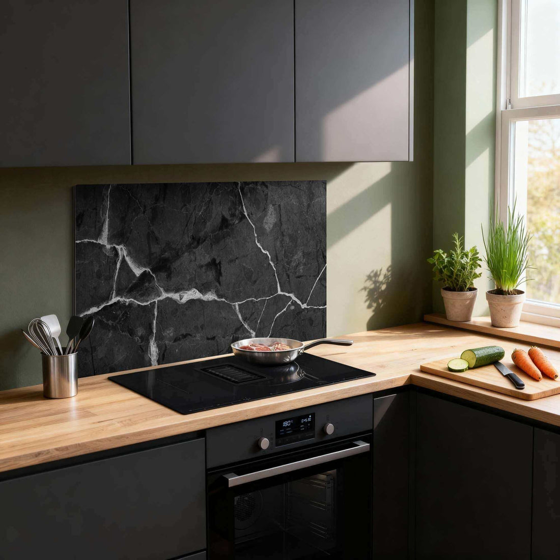 Schwarzer Marmorsplashback in einer modernen Küche, Kitchen Splashback mit luxuriösen schwarzen und weißen Adern, Splashback bedeckt den Herd.