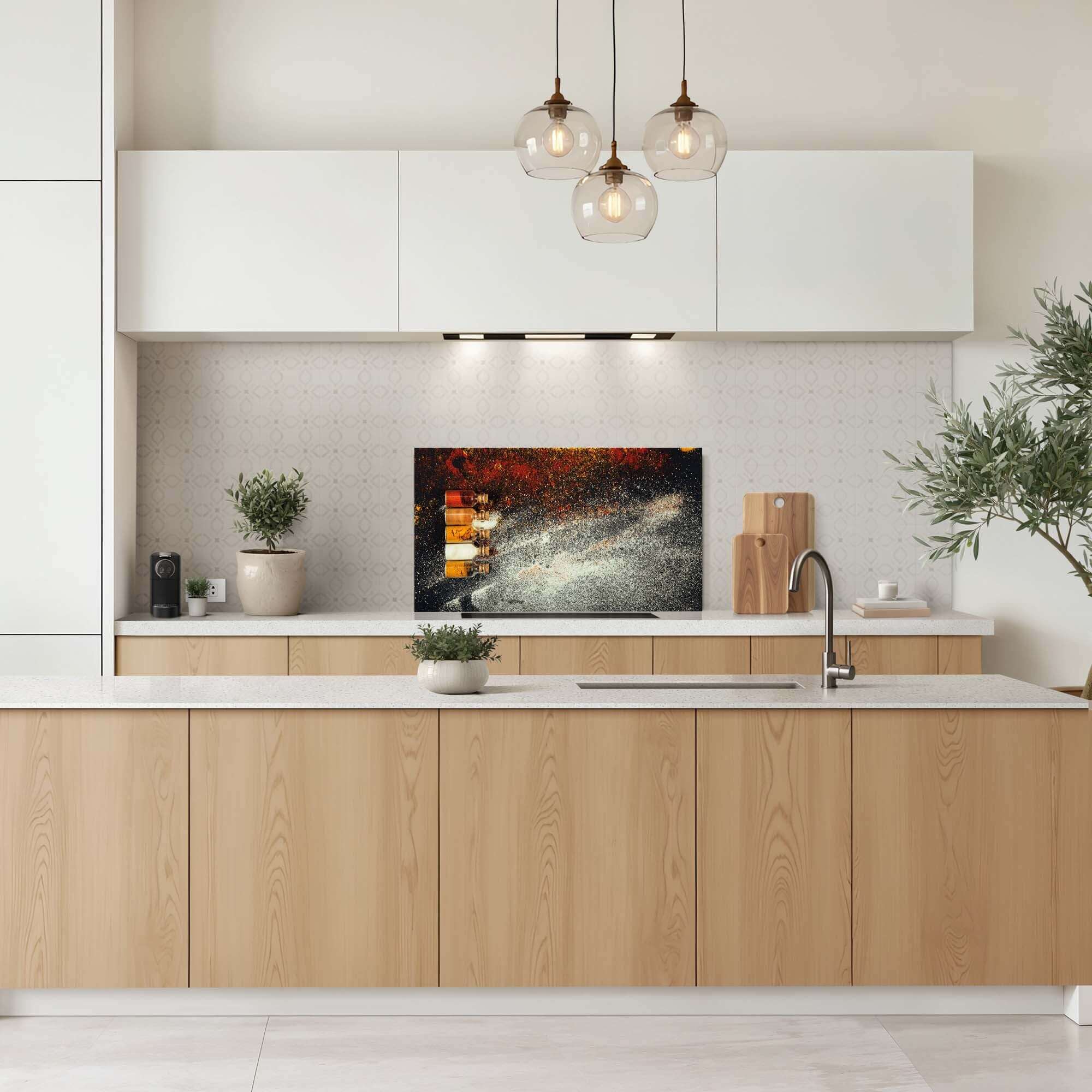 Moderne Küche mit Gewürzflaschen Splash Screen und bunten Gewürzen, einschließlich Kitchen Splash Screen und Splash Wall für Stil und praktischen Nutzen.