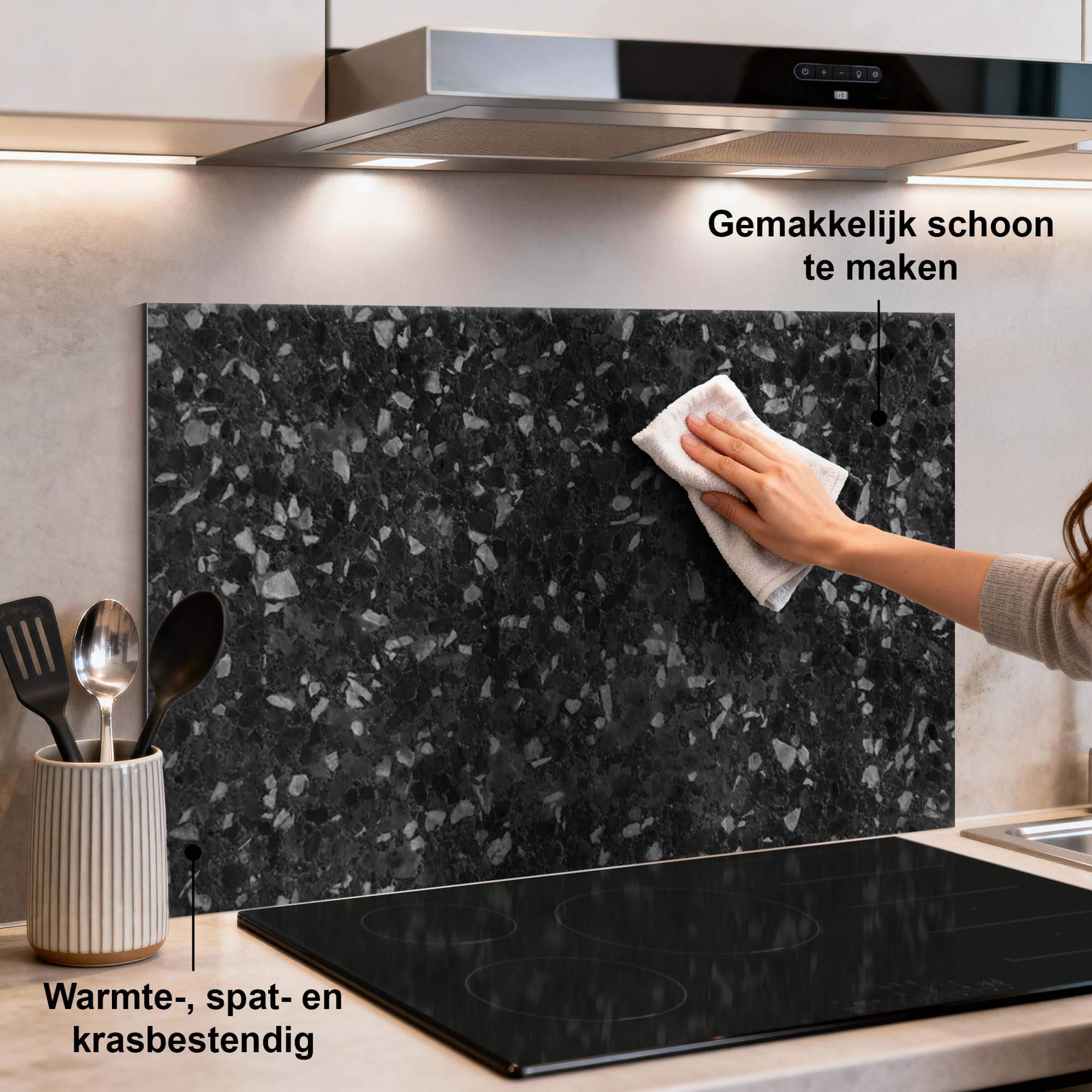 Obsidian Granitrückwand in der Küche, hitze- und kratzbeständig, elegante Rückwand als Küchenspritzwand, Reinigung leicht gemacht