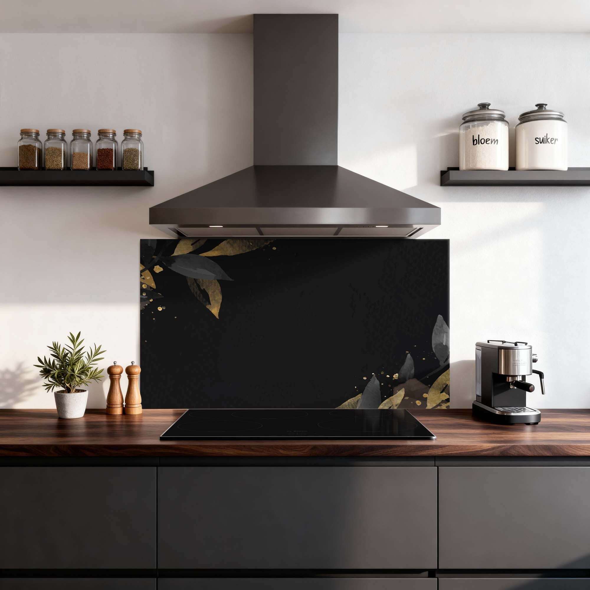 Black Olive Spritzschutz in der modernen Küche, hitzebeständiger und kratzfester Spritzschutz mit goldenen Olivenakzenten. Idealer Küchen-Spritzschutz.