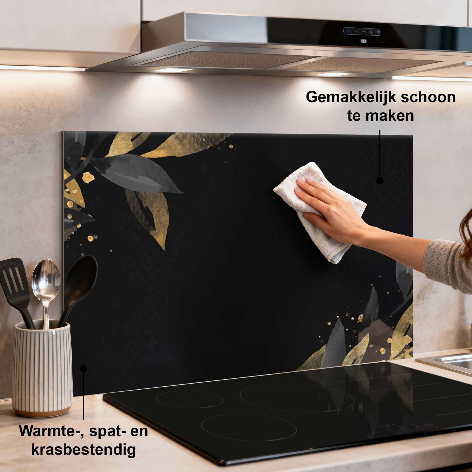 Black Olive Küchenrückwand, hitzebeständige Rückwand mit goldenen olivfarbenen Akzenten, luxuriöse Küchenrückwand, kratzfest und leicht zu reinigen.