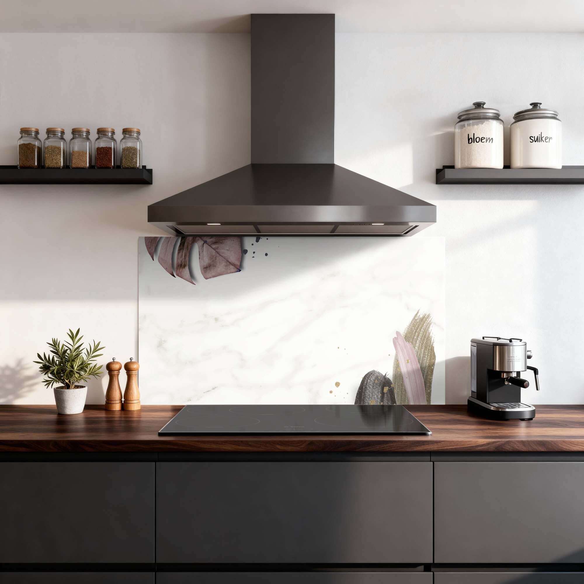 Soft Blush Splash Screen mit Marmordesign und rosa, goldenen Akzenten in einer modernen Küche. Elegante Spritzwand und Küchenspritzwand.