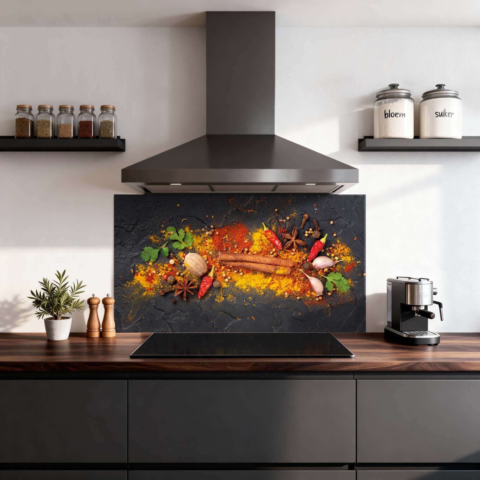 Spice Canvas Spritzschutz in der modernen Küche mit farbenfrohem und funktionellem Design, ideal als Spritzschutz und Küchenspritzschutz.