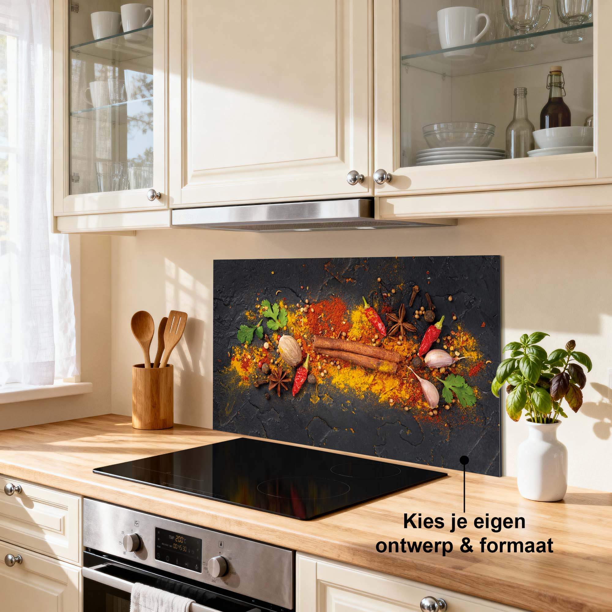 Spice Canvas Splash Screen farbenfroher Küchenspritzschutz mit Gewürzen auf Spritzwand, kombiniert Kochspaß und Stil, wählen Sie Ihr eigenes Design.