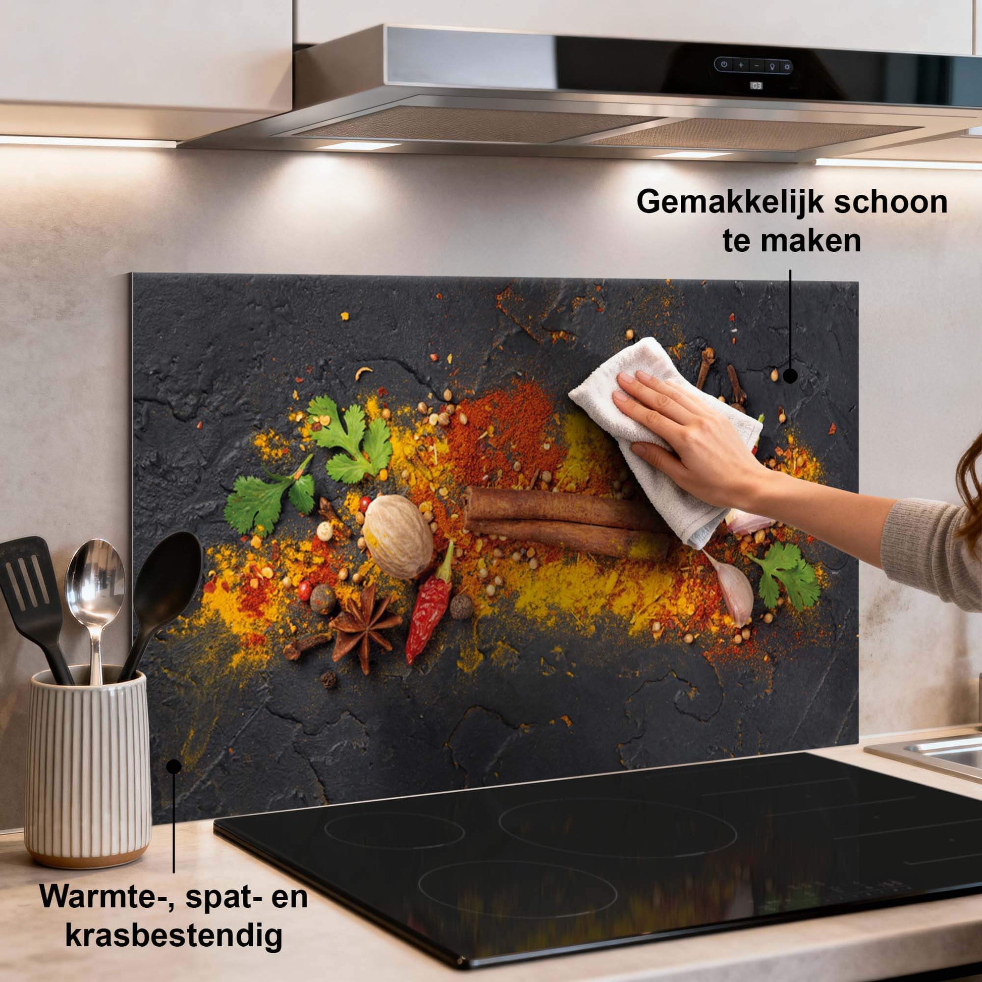 Spice Canvas Spritzschutz für die Küche, farbenfrohe und funktionelle Spritzwand mit Gewürzen. Schützt vor Wasserspritzern, passt stilvoll in die Küche.