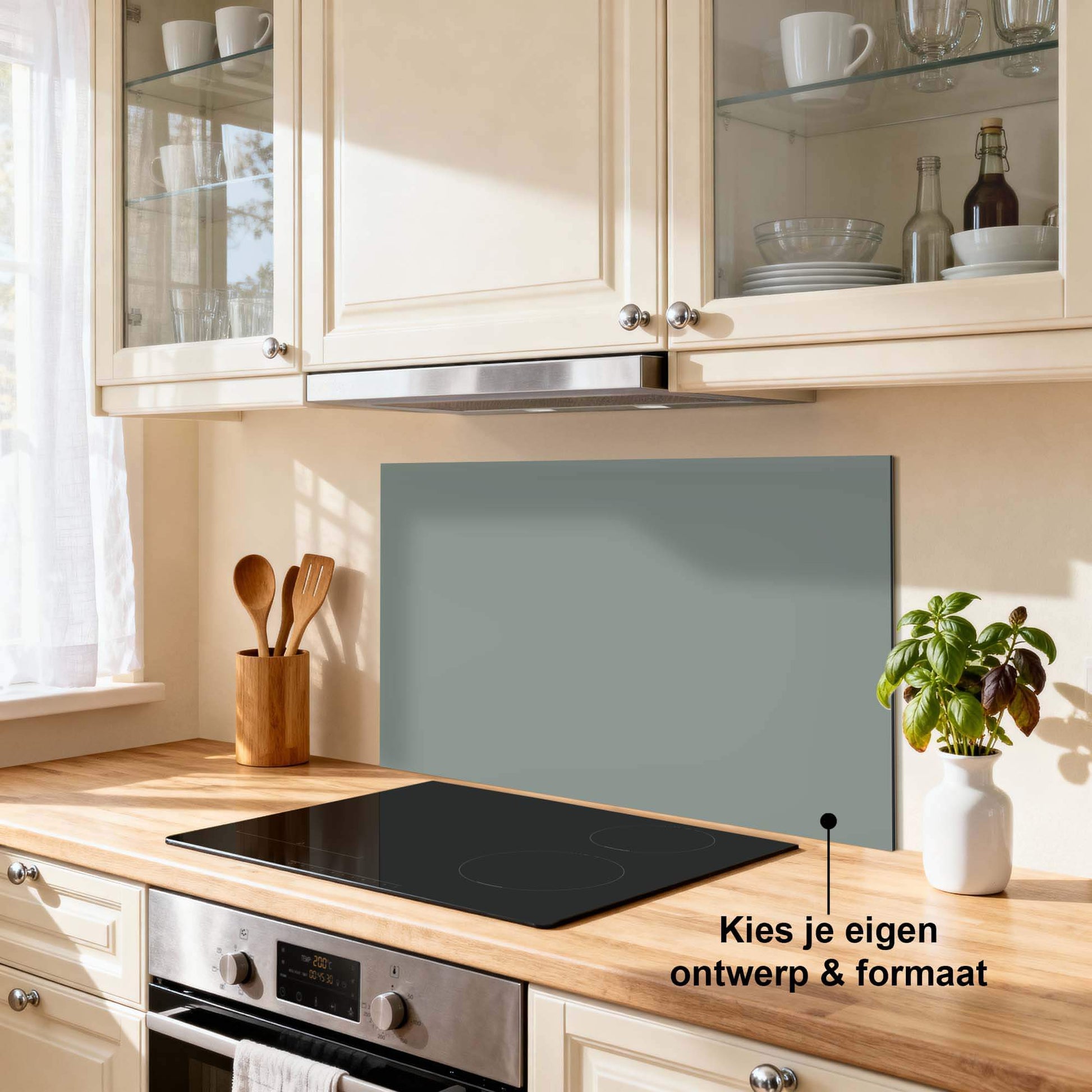 Eisberggrüner Spritzschutz in einer modernen Küche. Einfarbig grüner Spritzschutz schützt die Wand und passt zu Schwarz, Weiß, Holz und Erdtönen. Spritzschutz für die Küche.