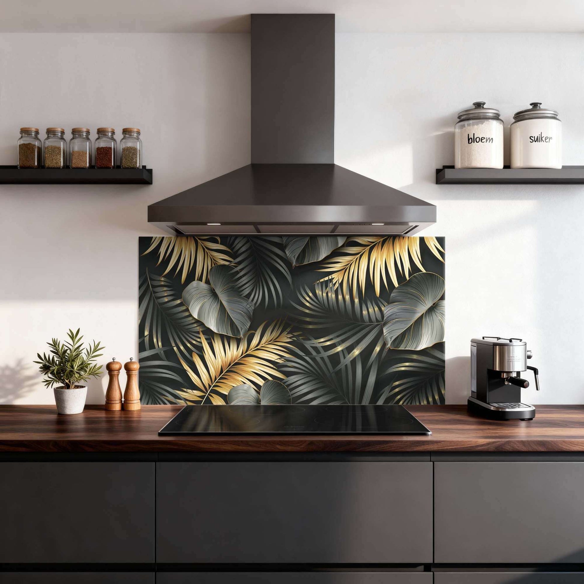 Golden Palms Spritzschutz in moderner Küche mit schwarz-goldenem Palmenblattdesign, ideal als Spritzschutz und Küchenrückwand.