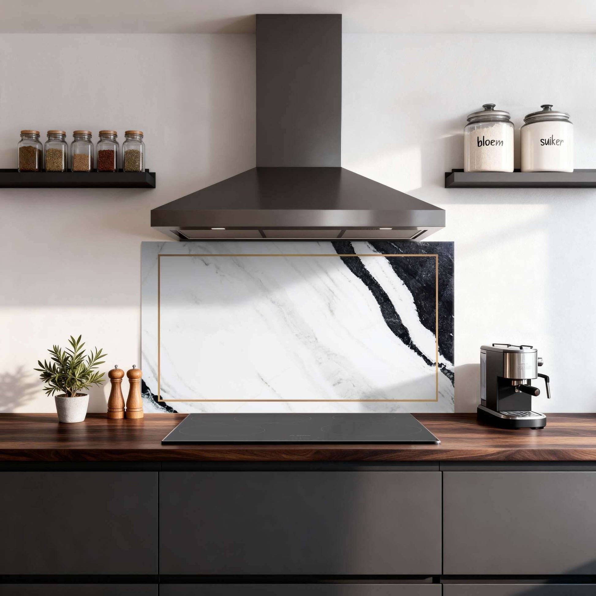 Marmor Modern Splashback mit Marmoroptik und Goldakzent, eleganter Küchensplashback, moderner Splashback im schlichten Küchendesign.