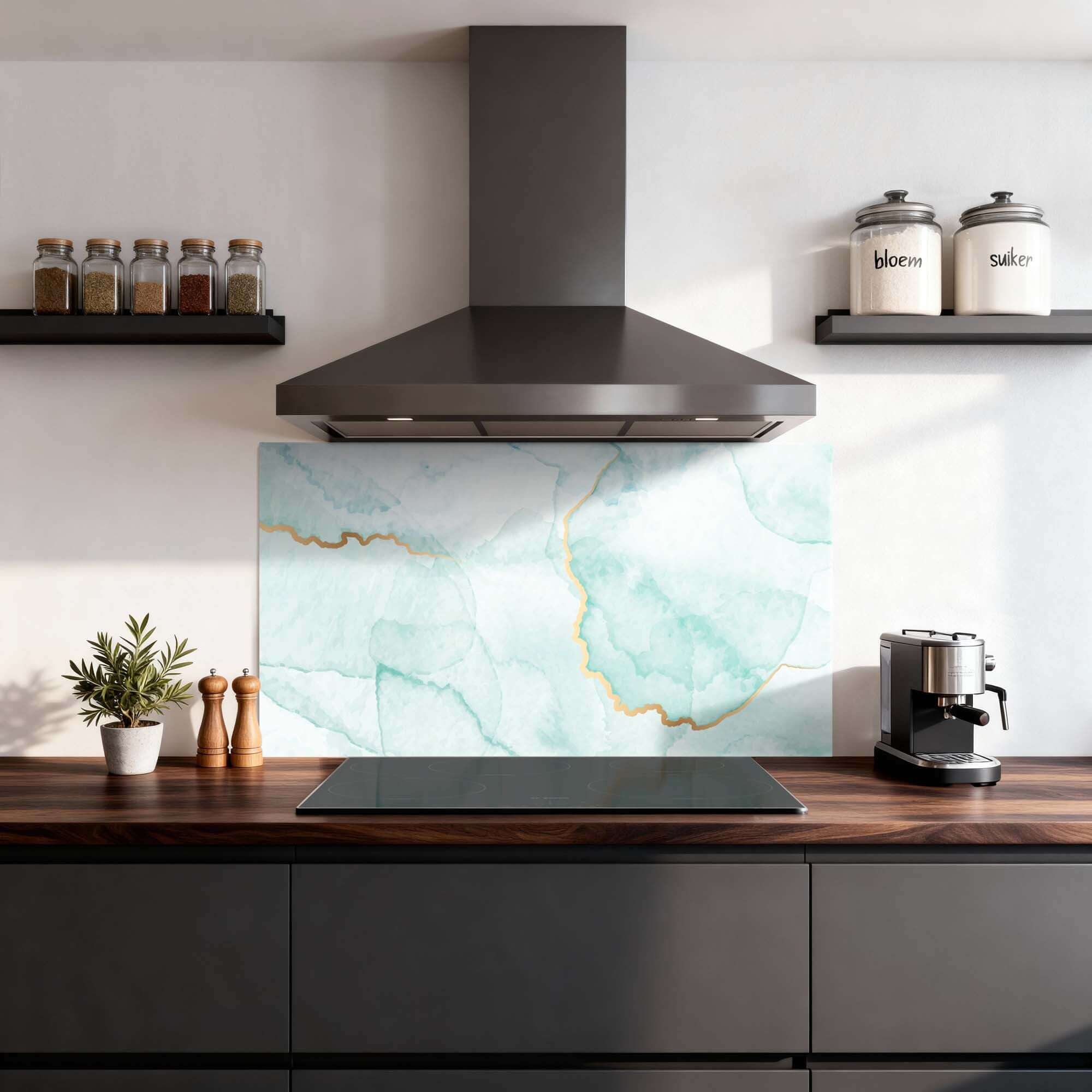 Misty Jade Splashback mit jadegrünem Marmordesign und goldenen Adern, eleganter Küchensplashback, stilvoller Splashback für moderne Küchen.