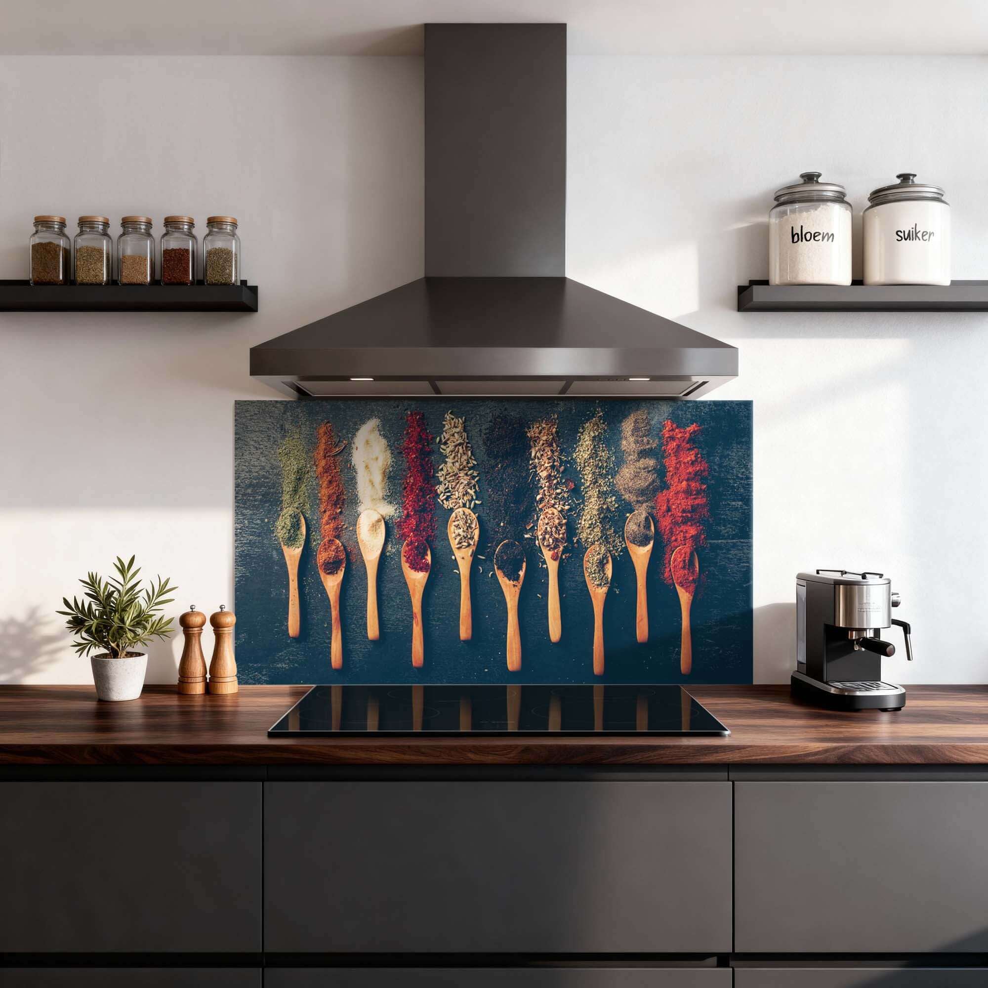 Spice Palette Splash Screen in einer modernen Küche, bunte Gewürze auf Holzlöffeln, ideal als Küchenspritzschutz und Spritzwand.
